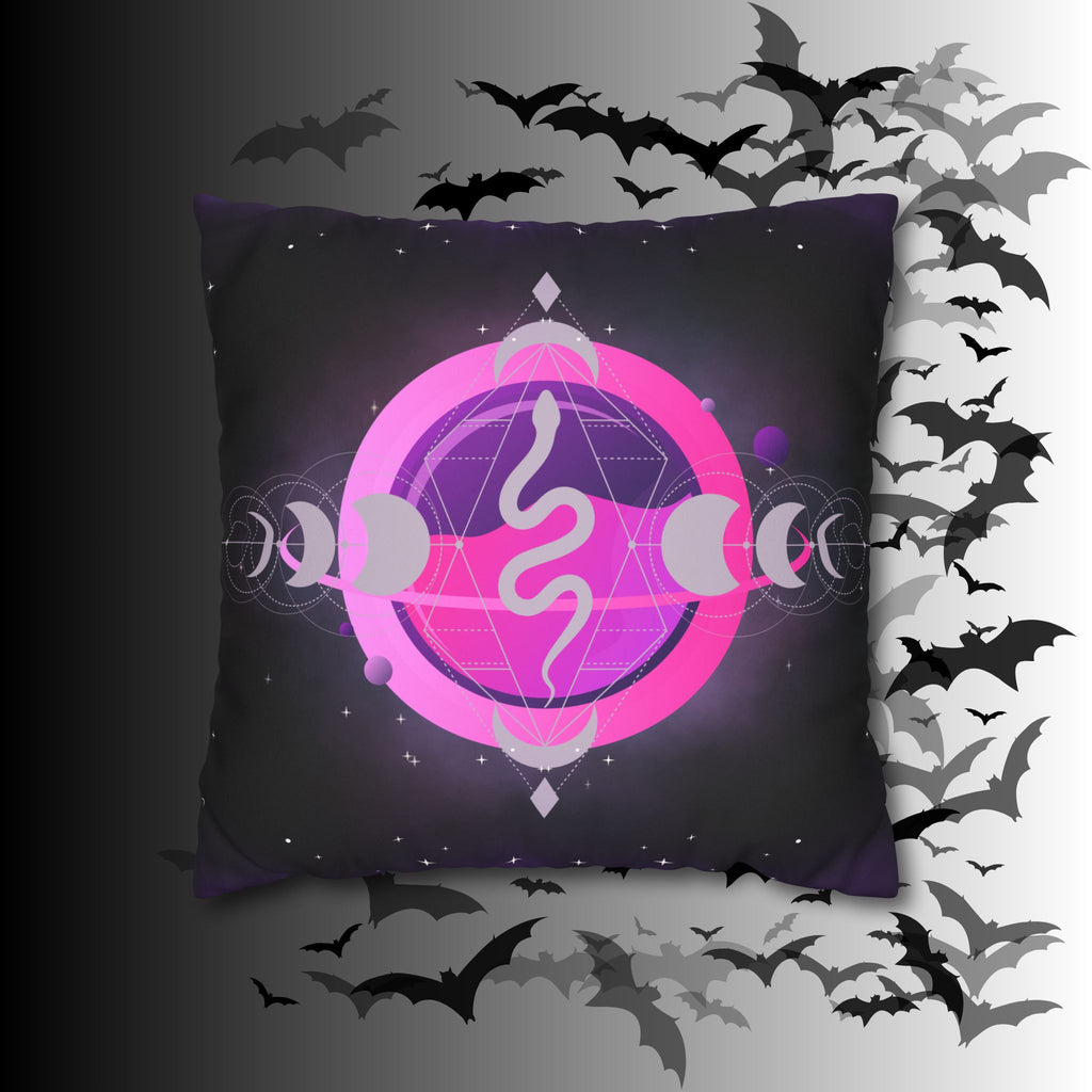 Pastel Goth Celestial Snake Moon Phases Throw Pillow — Witchy Dark Home Decor