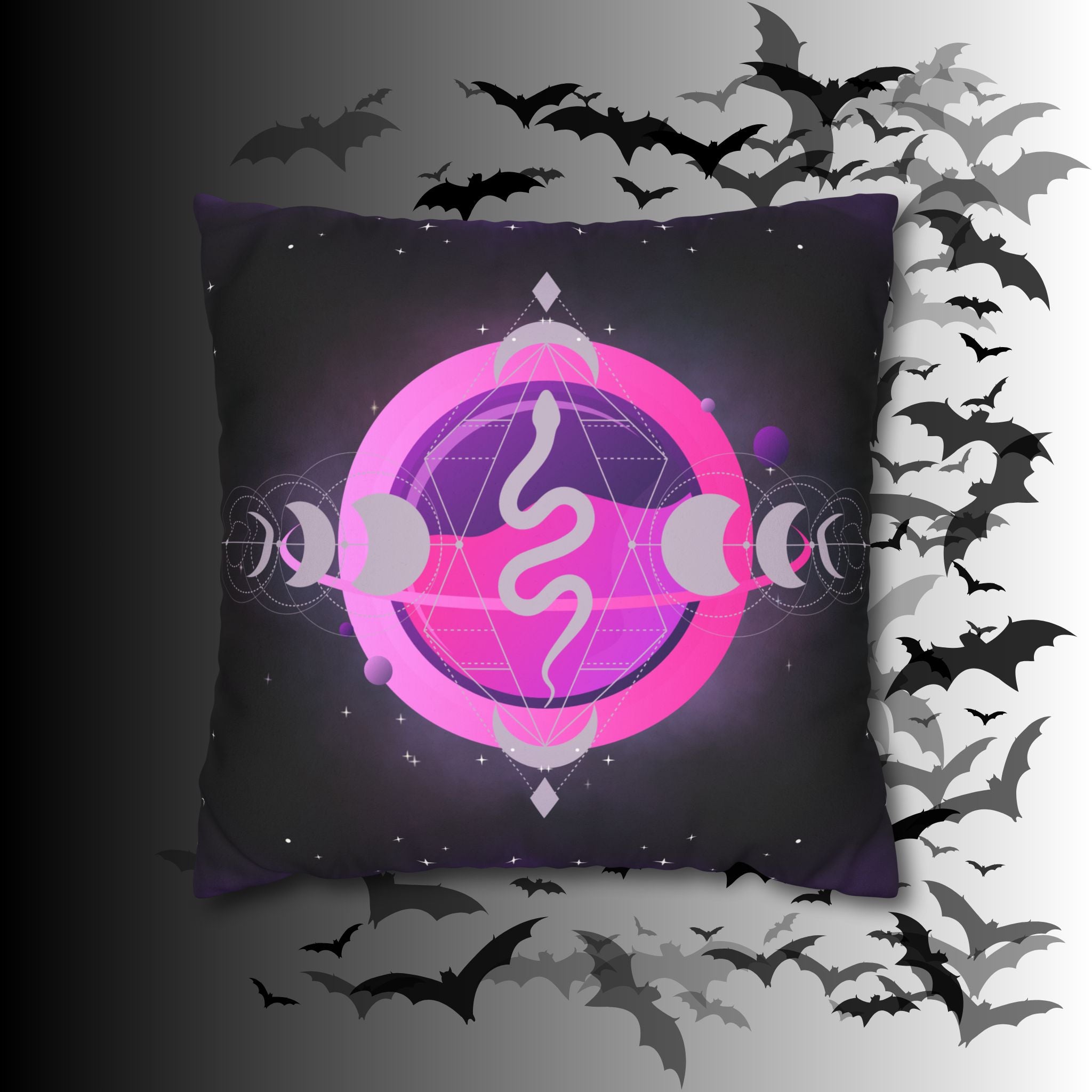 Pastel Goth Celestial Snake Moon Phases Throw Pillow — Witchy Dark Home Decor