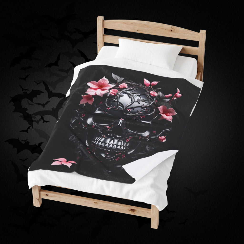 Pastel Goth Black & Pink Botanical Skull Throw Blanket — Dark Floral Home Decor