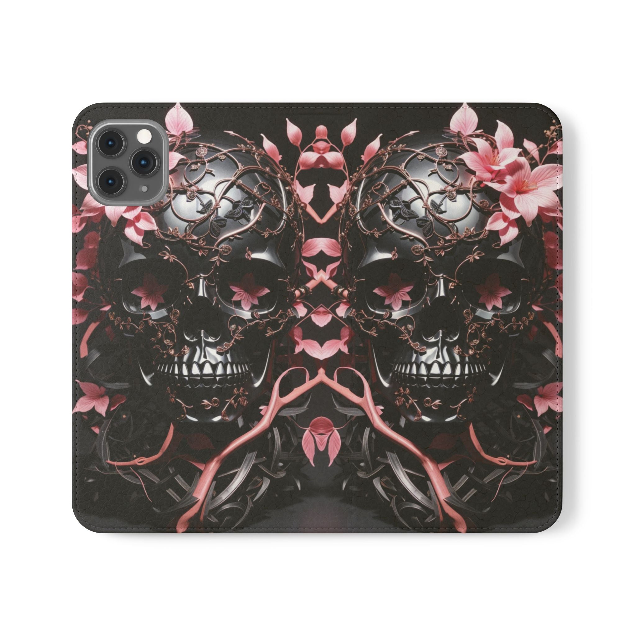 Pink Pastel Goth Skull Flip Wallet Phone Case - Skull Wallet Case for Samsung iPhone - Gothic Style Skull Wallet Phone Cases