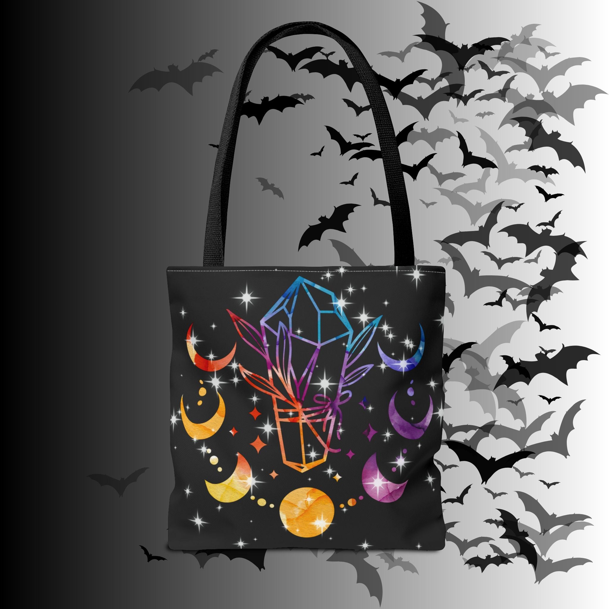Rainbow Crystal Moon Phase Tote Bag — Celestial Witchy Print