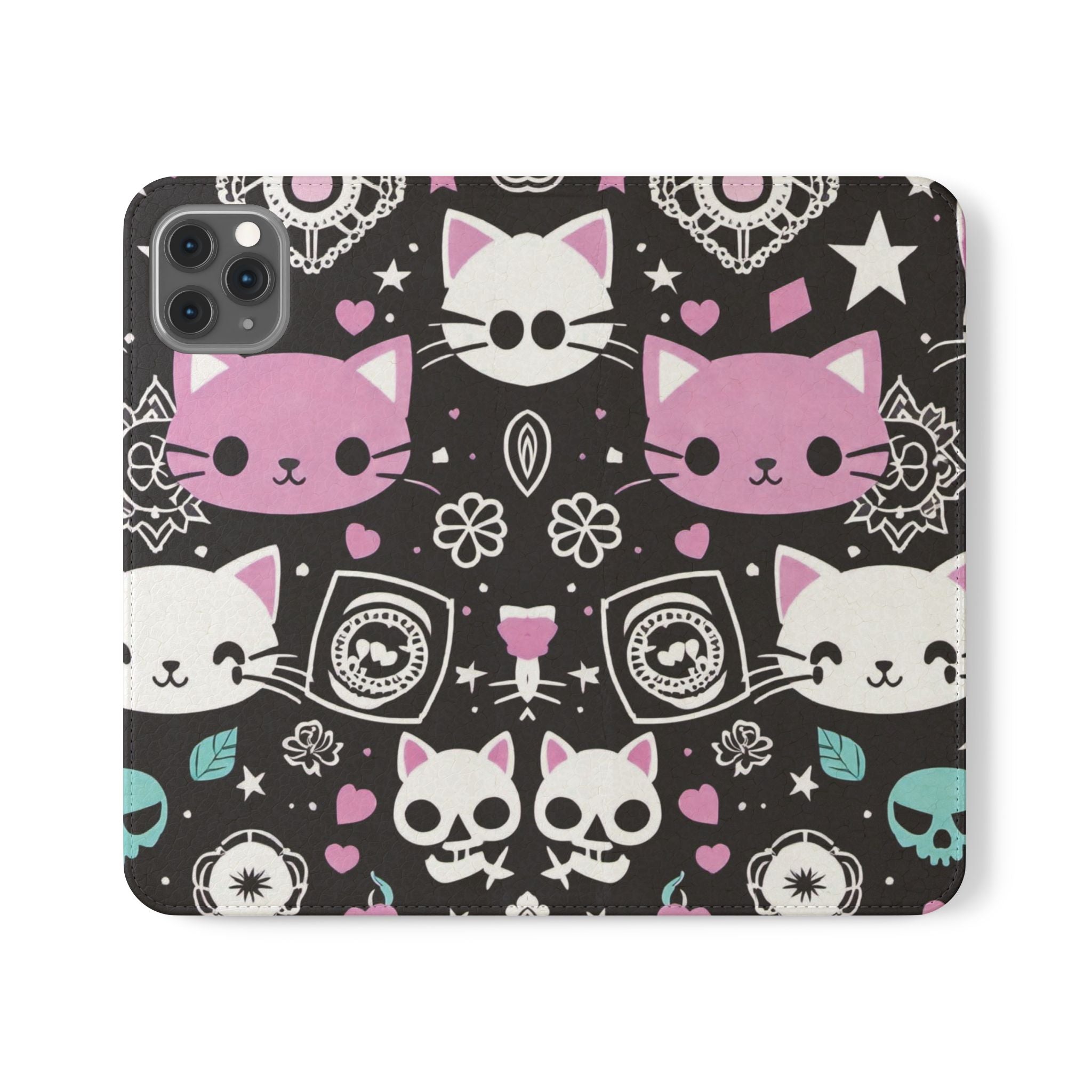 Pastel Goth Cat Flip Wallet Phone Case - Goth Cat Wallet Case for Samsung iPhone - Gothic Style Cats Wallet Phone Cases