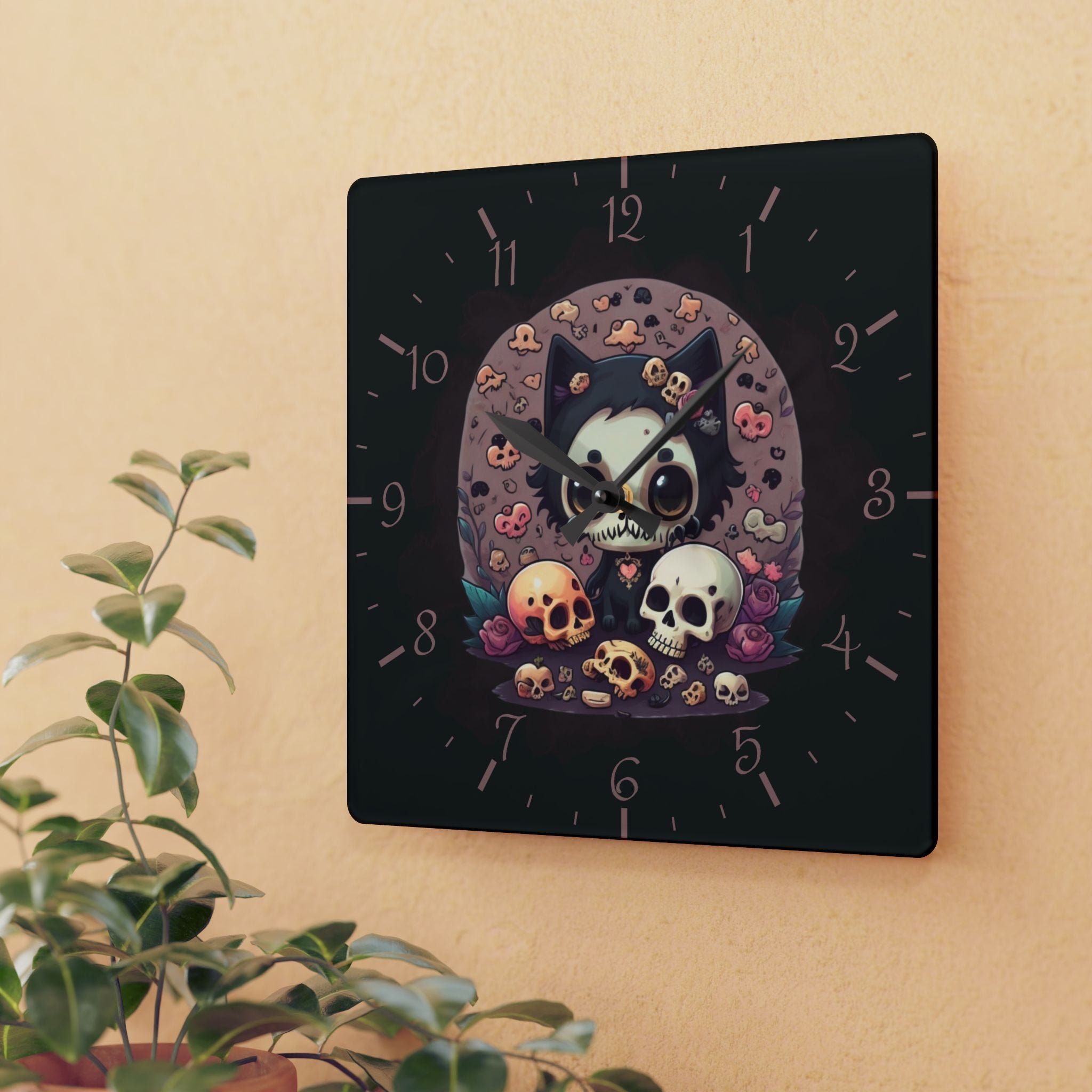 Skull Face Goth Cat Wall Clock — Pastel Goth Acrylic Art Print Home Decor