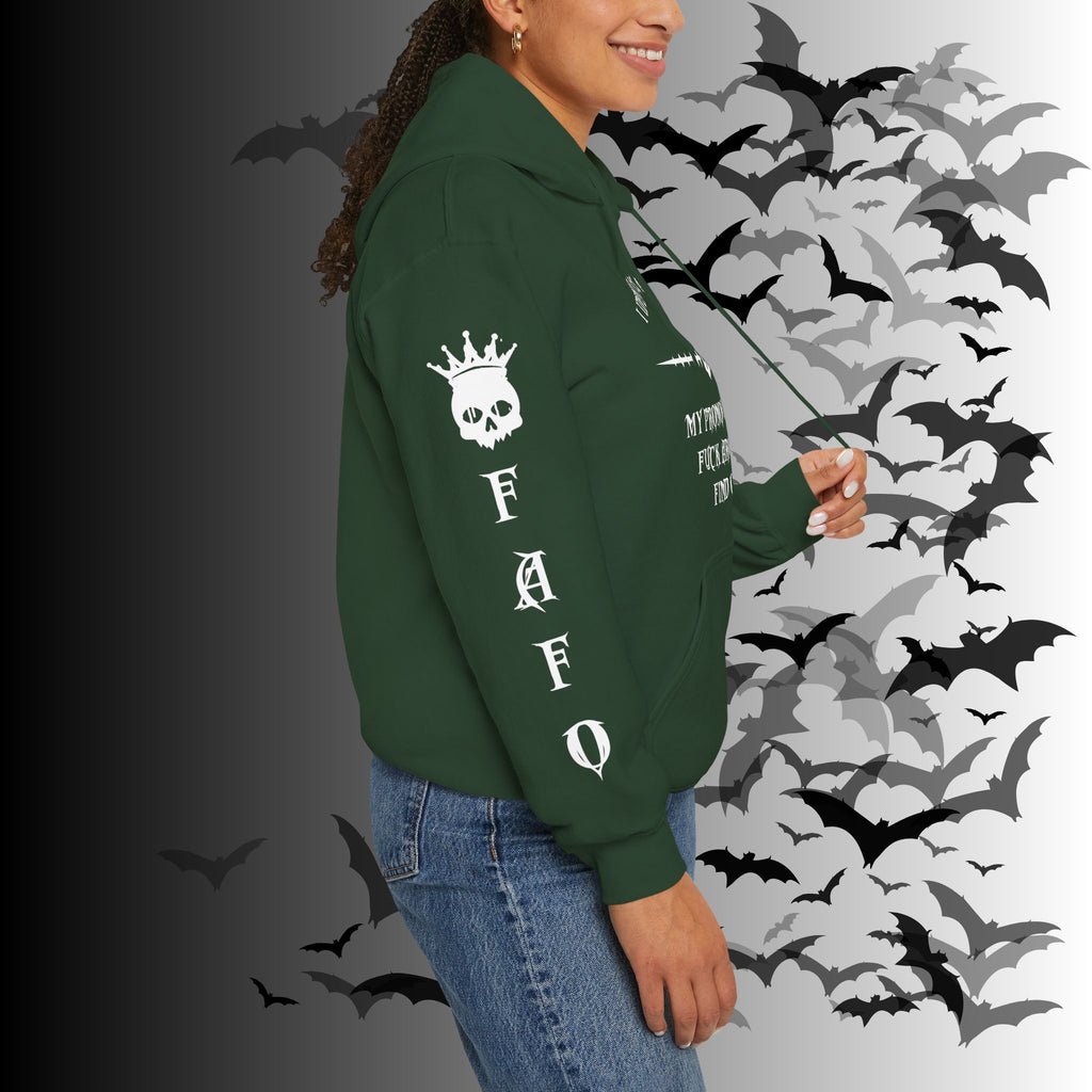 I Identify As a Threat Hoodie — Gothic Skull Sleeve Print FAFO Black