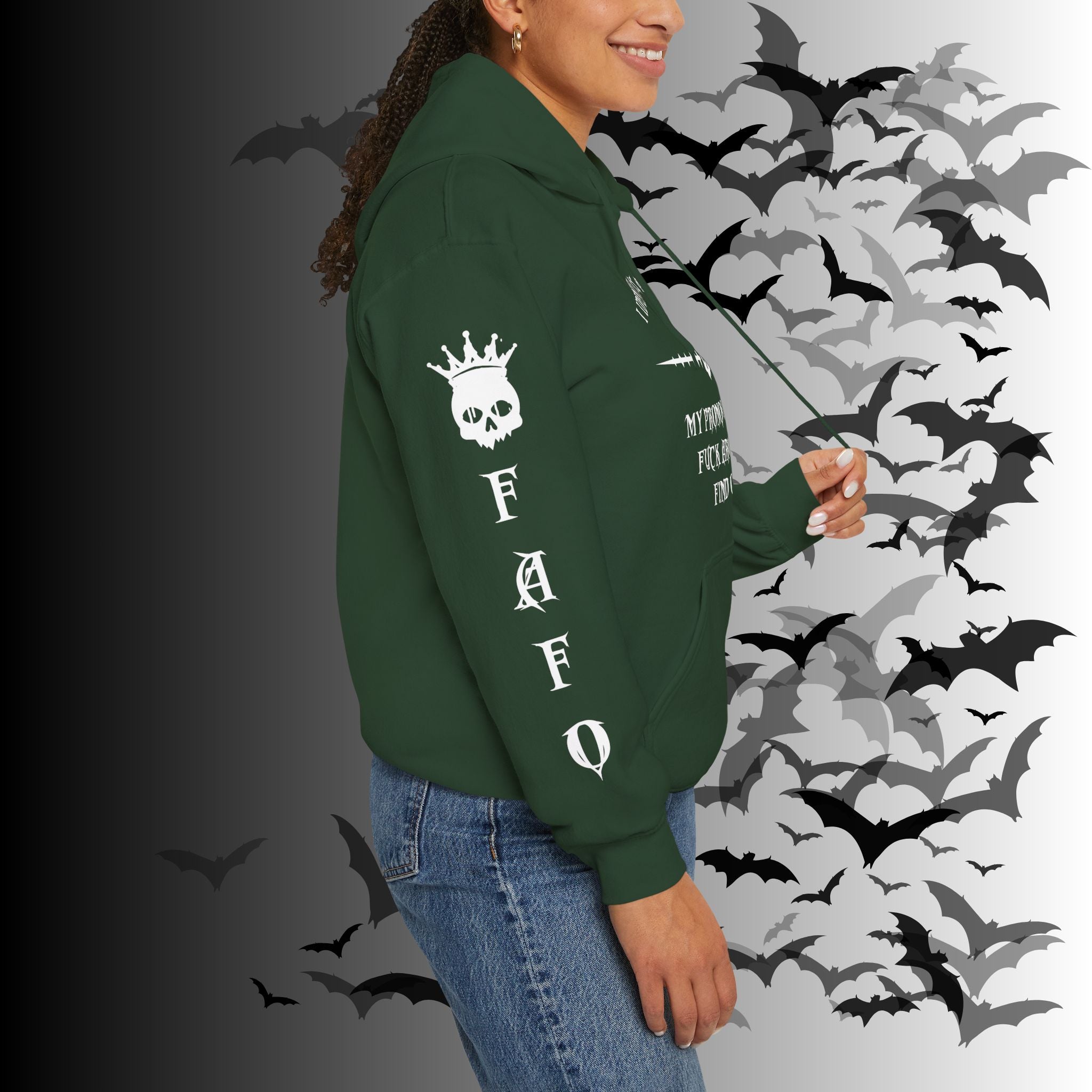 I Identify As a Threat Hoodie — Gothic Skull Sleeve Print FAFO Black