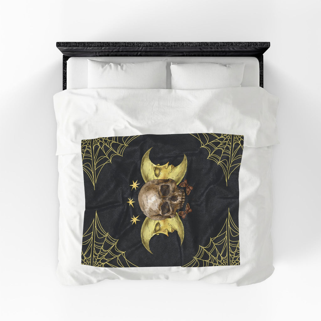 Gothic Gold Moon Skull Throw Blanket — Moonlit Halloween Home Decor
