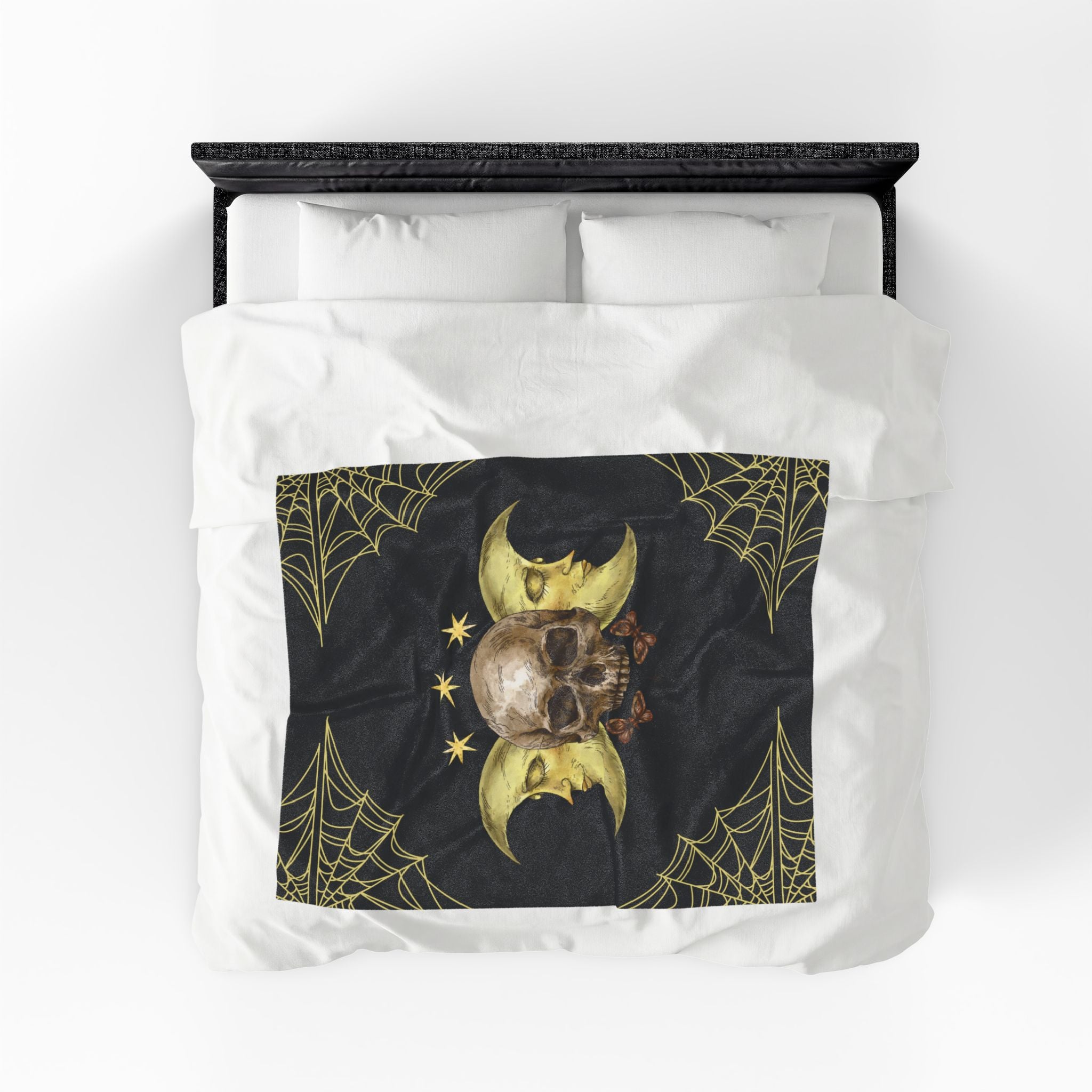 Gothic Gold Moon Skull Throw Blanket — Moonlit Halloween Home Decor