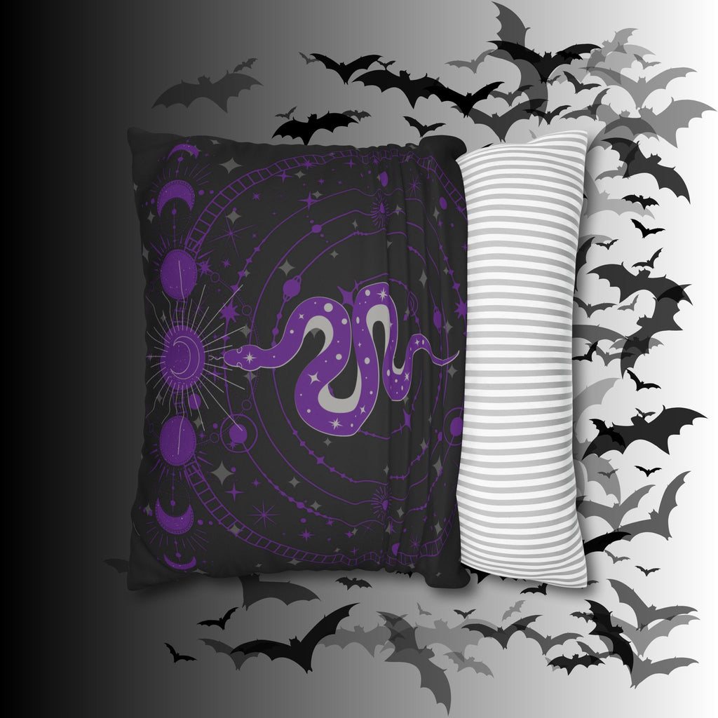 Purple Celestial Snake Moon Phases Throw Pillow — Witchy Gothic Dark Home Decor