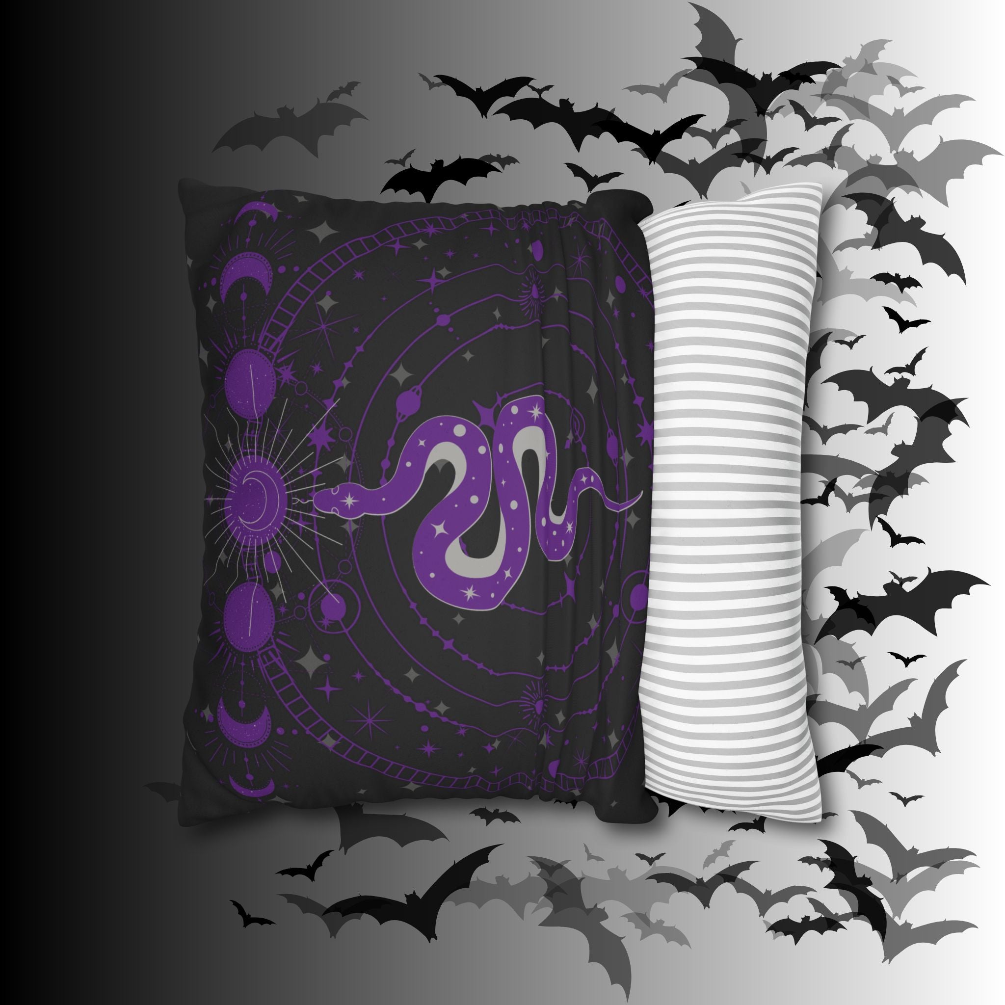 Purple Celestial Snake Moon Phases Throw Pillow — Witchy Gothic Dark Home Decor