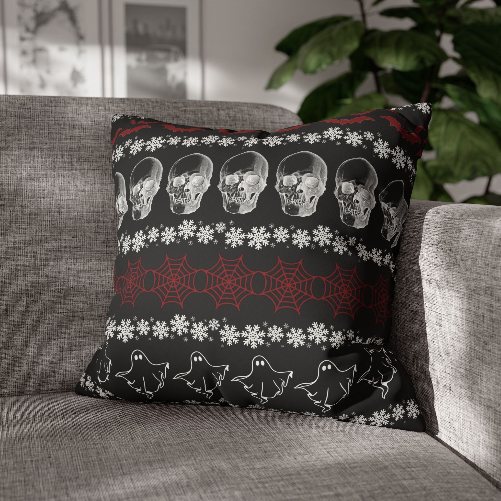 Merry Creepmas Gothic Ugly Sweater Throw Pillow — Goth Holiday Dark Home Decor