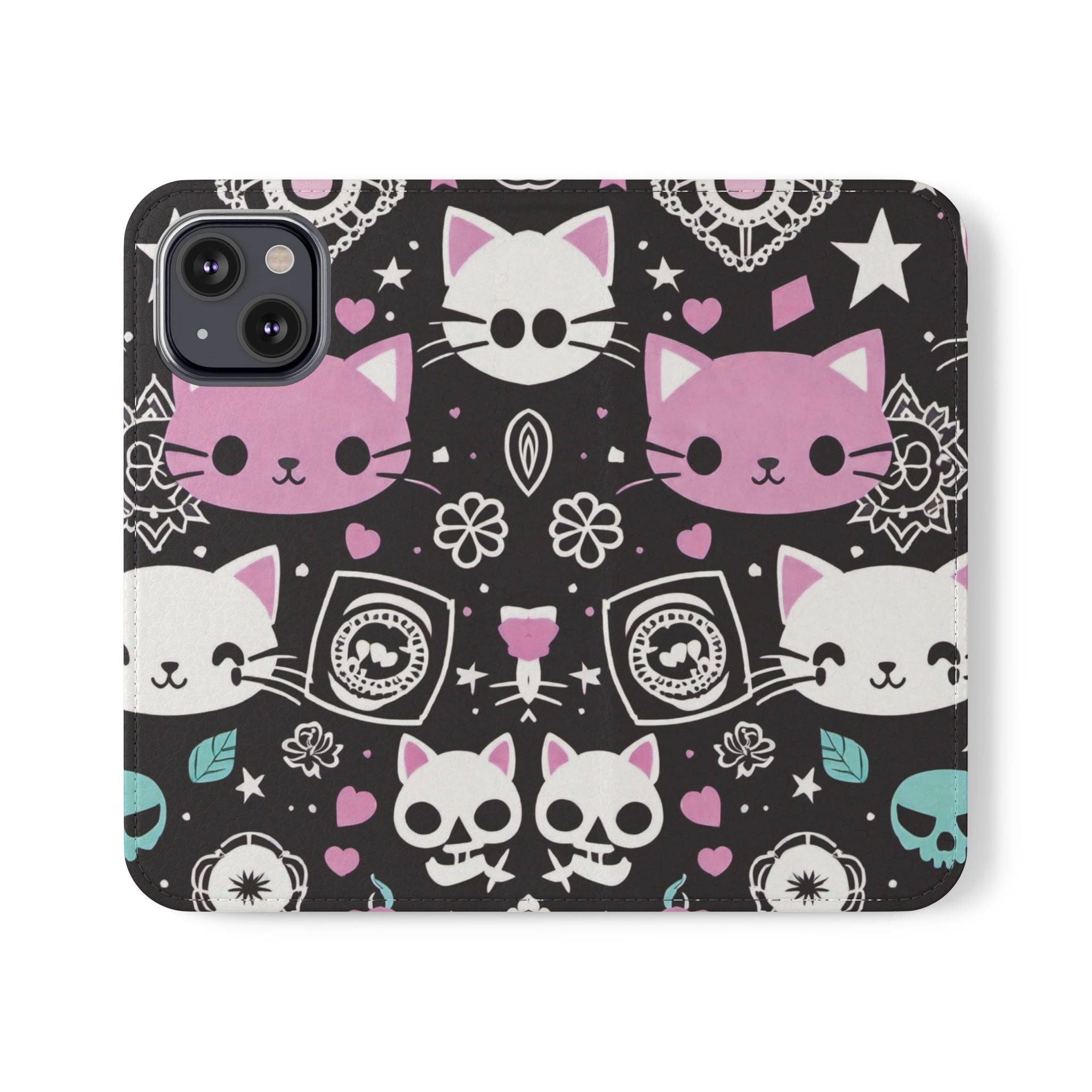 Pastel Goth Cat Flip Wallet Phone Case - Goth Cat Wallet Case for Samsung iPhone - Gothic Style Cats Wallet Phone Cases