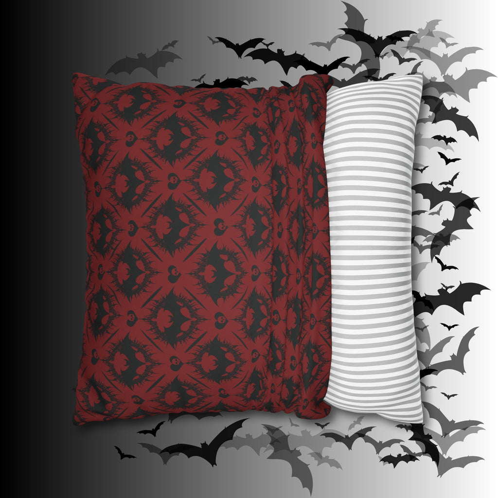 Gothic Bat Diamond Pattern Throw Pillow — Dark Red Damask Home Decor