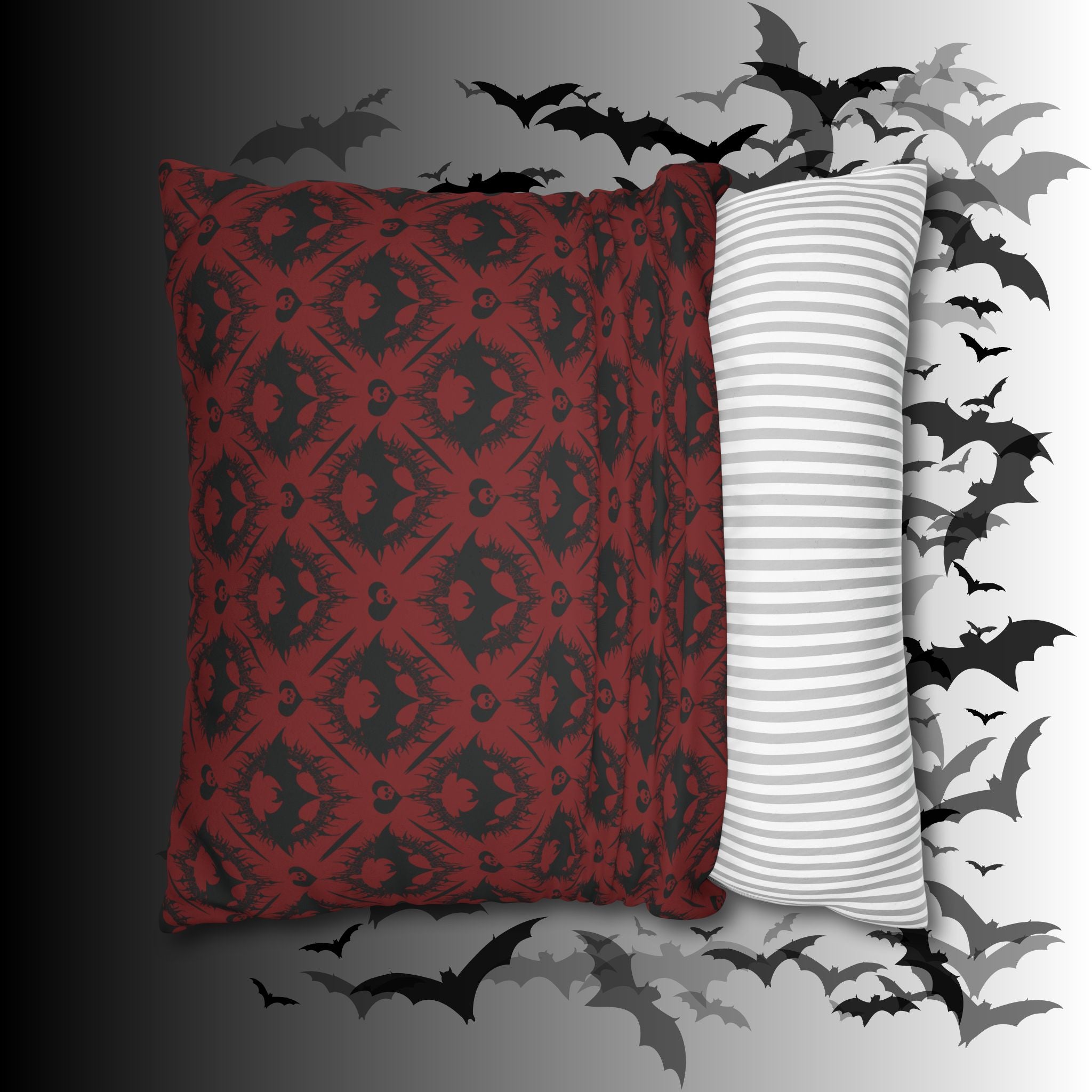 Gothic Bat Diamond Pattern Throw Pillow — Dark Red Damask Home Decor