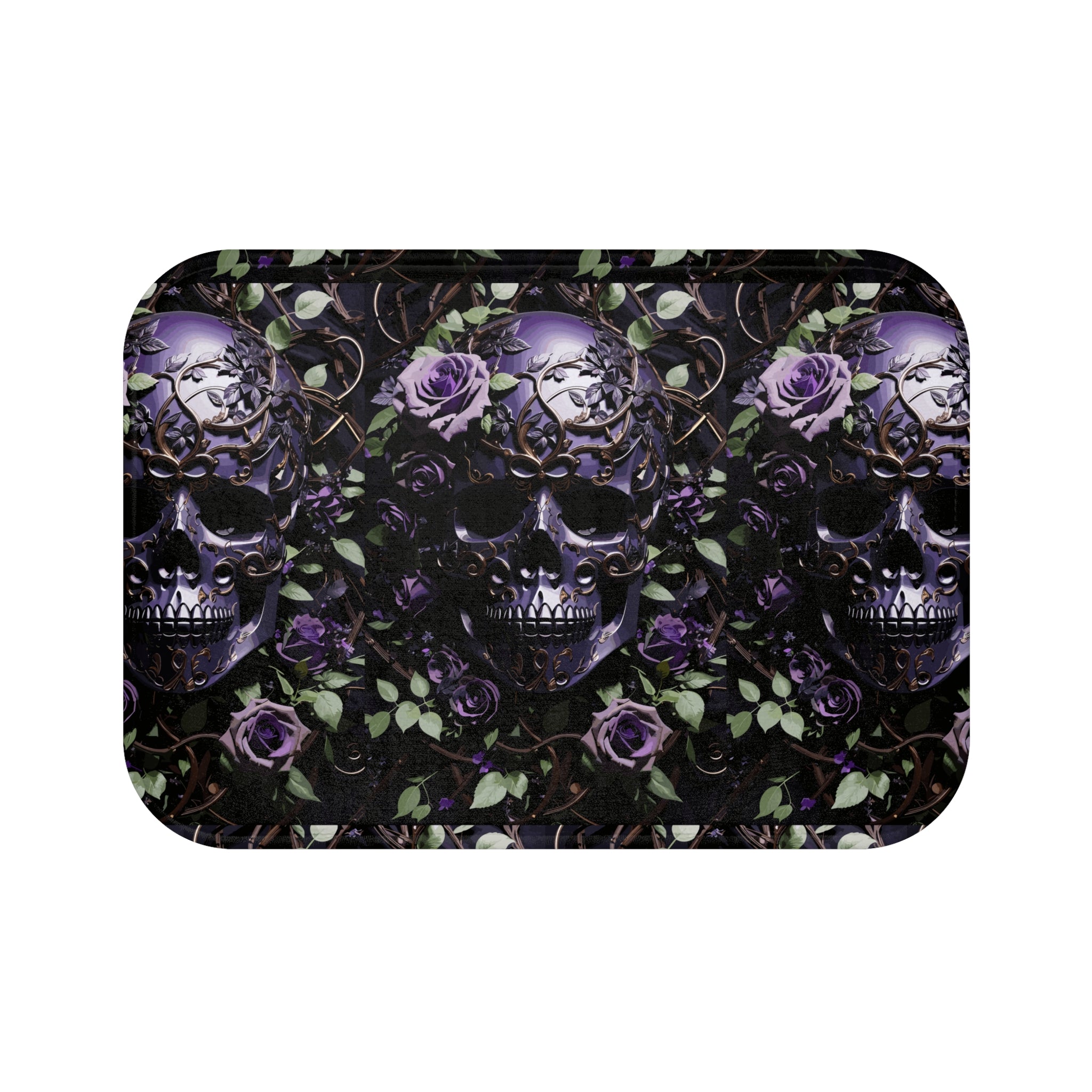 Gothic Purple Skull Bath Mat — Dark Floral Rose Bathroom Decor