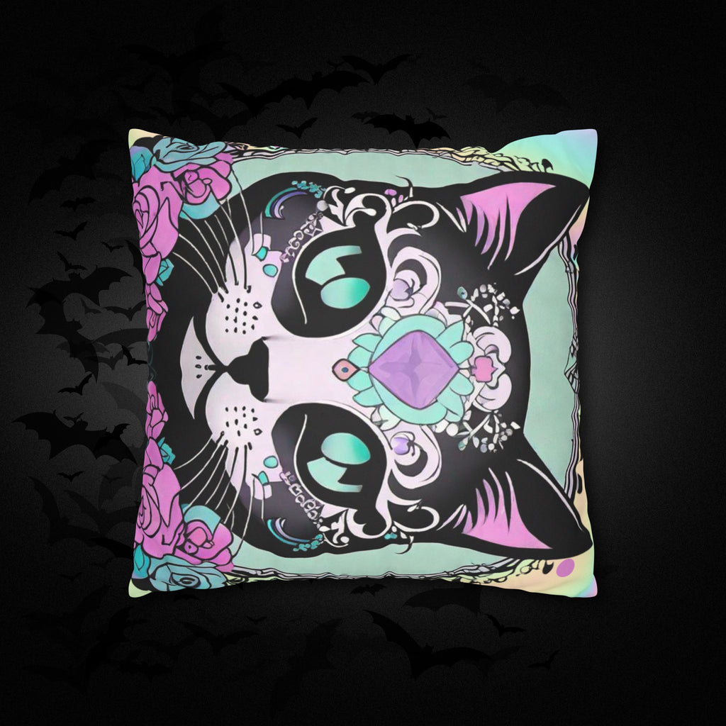 Pastel Goth Sugar Skull Cat Throw Pillow — Floral Gothic Home Decor