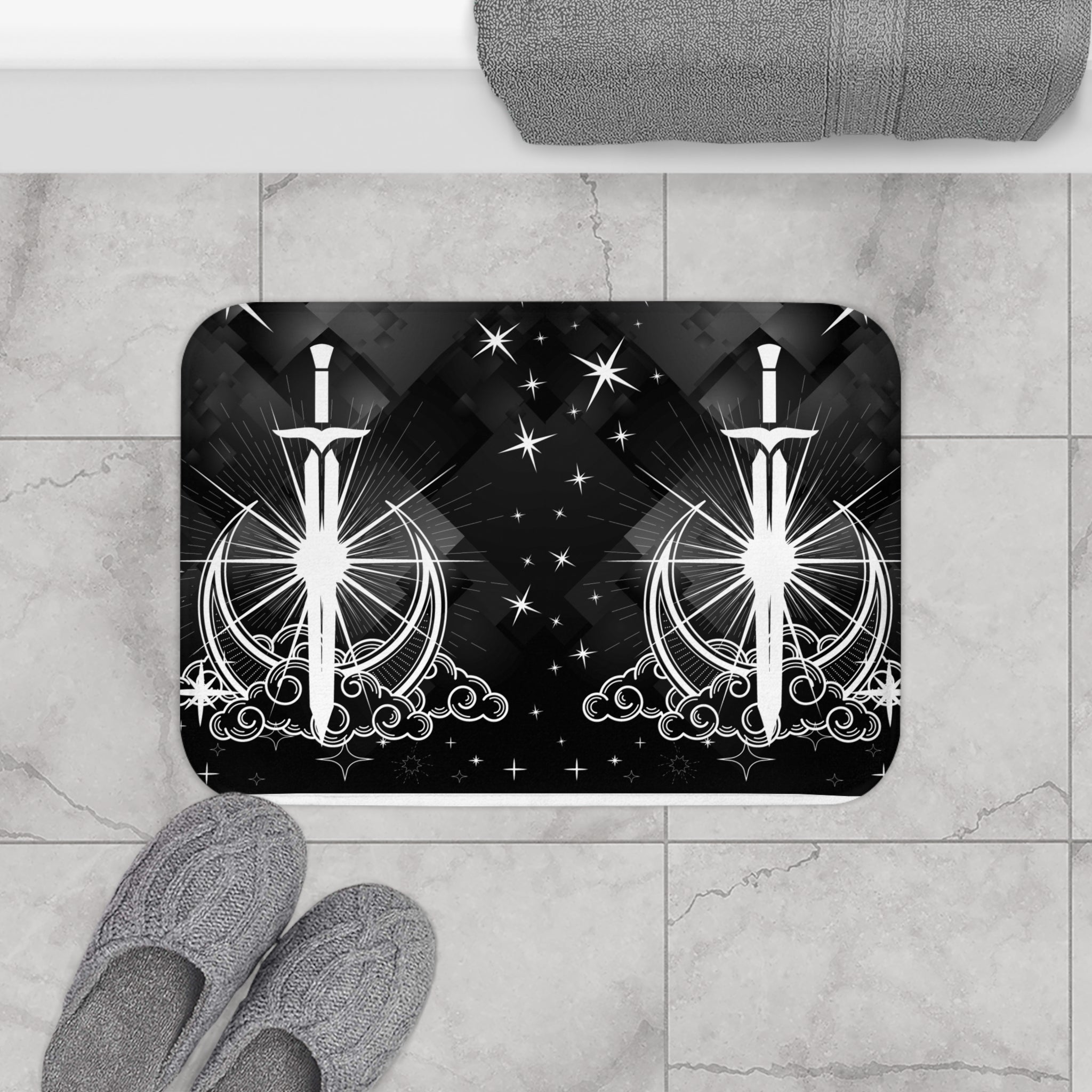 Gothic Celestial Sword Crescent Moon Bath Mat — Starry Night Bathroom Decor