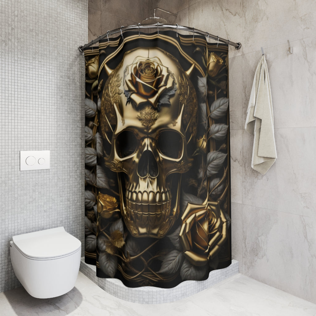Gothic Black & Gold Skull Rose Shower Curtain — Gothic Glam Bathroom Decor