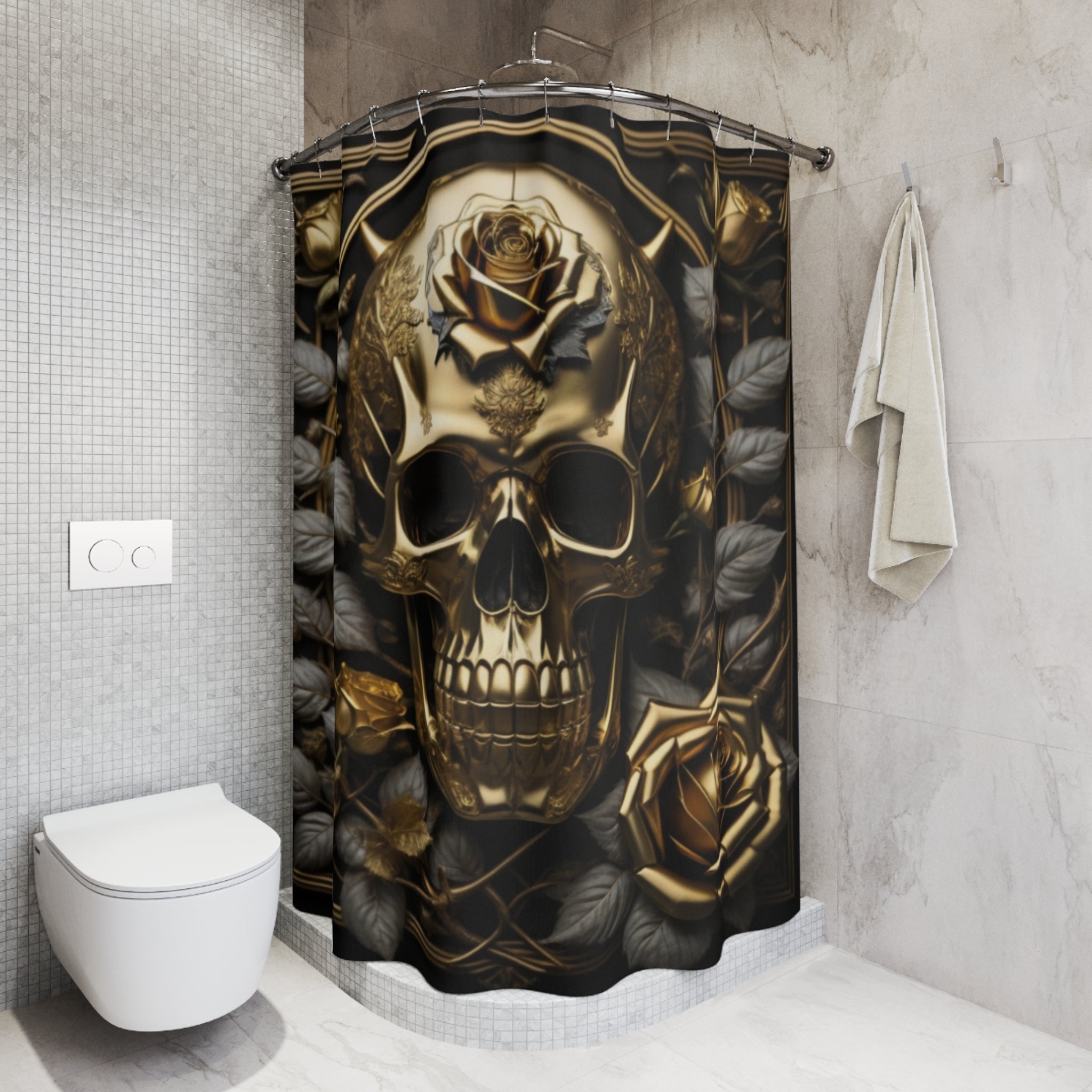 Gothic Black & Gold Skull Rose Shower Curtain — Gothic Glam Bathroom Decor