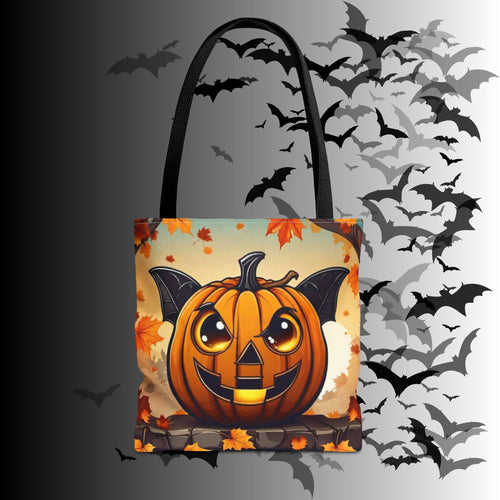 Bat Wing Jack-o'-Lantern Halloween Tote Bag — Autumn Leaves Print