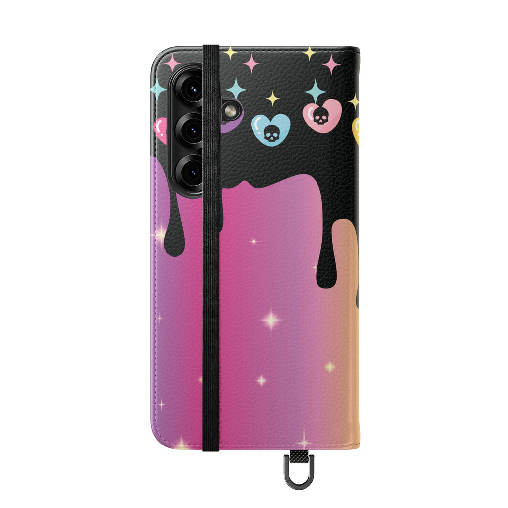 Pastel Goth Drippy Rainbow Skulls Flip Wallet Phone Case - Wallet Case for Samsung and iPhone - Gothic Style Wallet Phone Cases