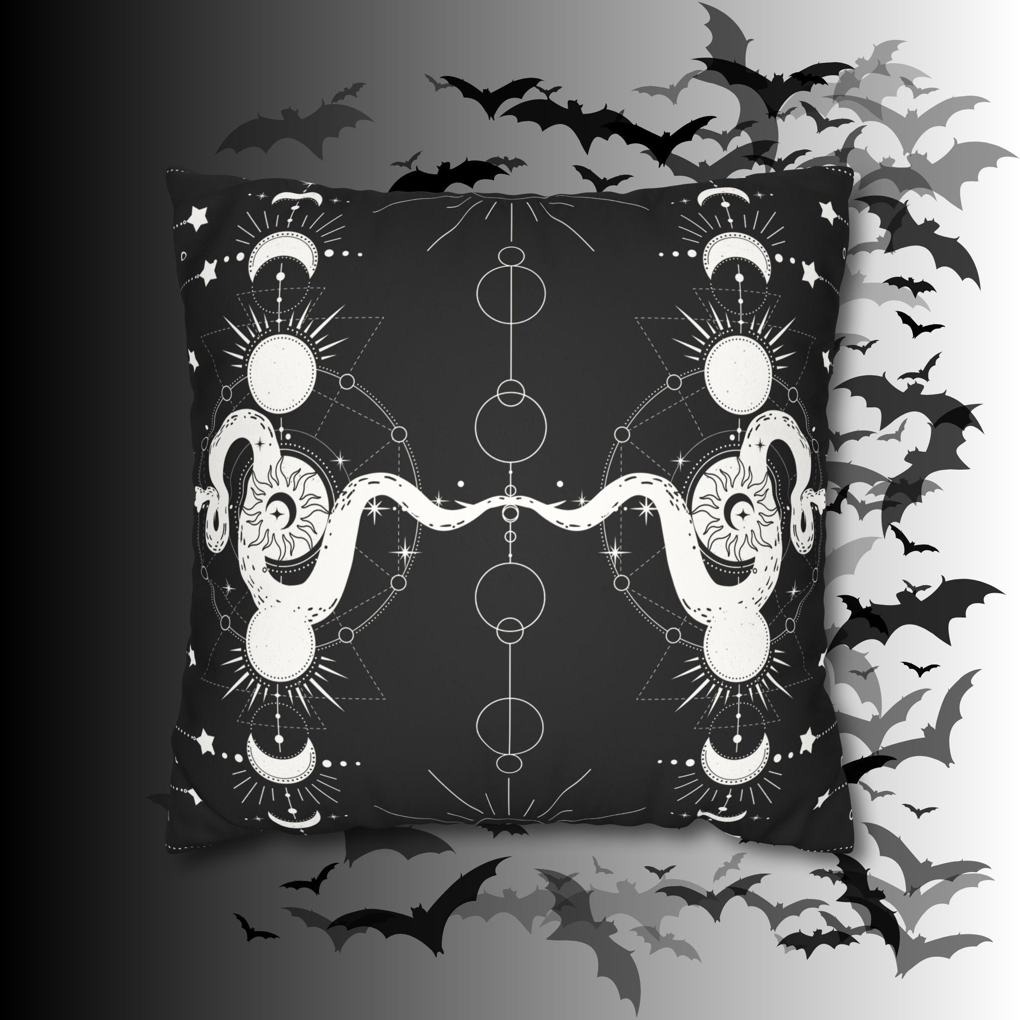 Celestial Snake Moon Phases Throw Pillow — Witchy Gothic Dark Home Decor