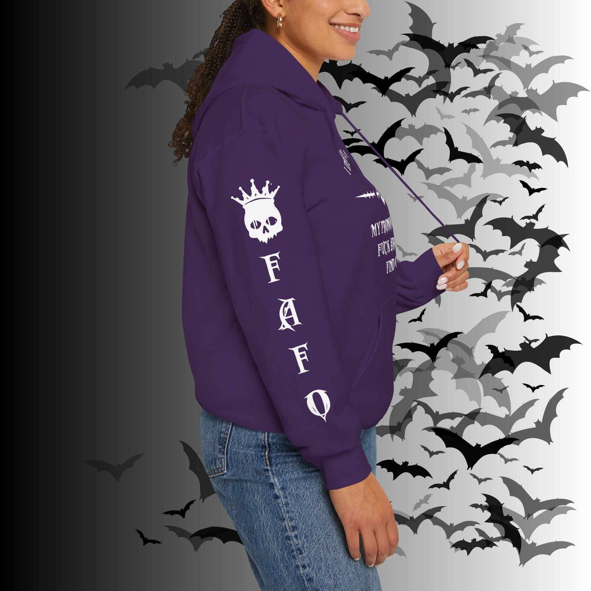 I Identify As a Threat Hoodie — Gothic Skull Sleeve Print FAFO Black