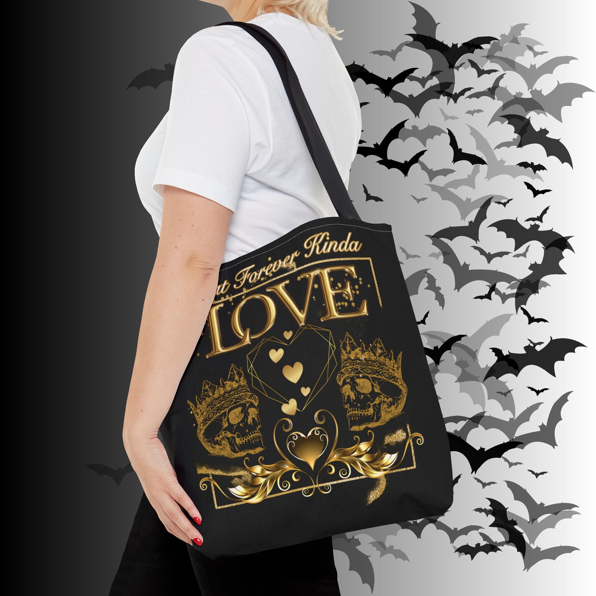 "That Forever Kinda Love" Gothic Skull Crown Tote Bag — Dark Romance Gold Print