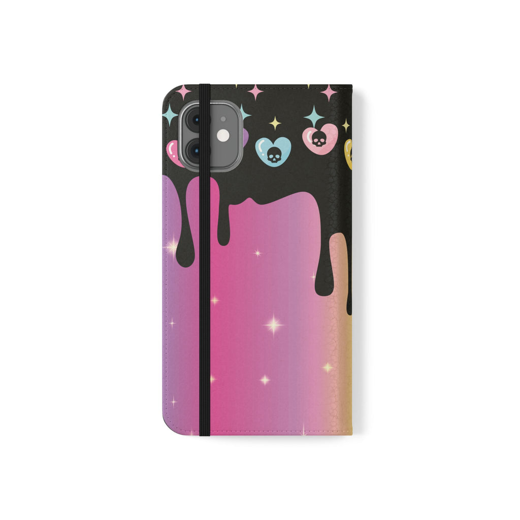 Pastel Goth Drippy Rainbow Skulls Flip Wallet Phone Case - Wallet Case for Samsung and iPhone - Gothic Style Wallet Phone Cases