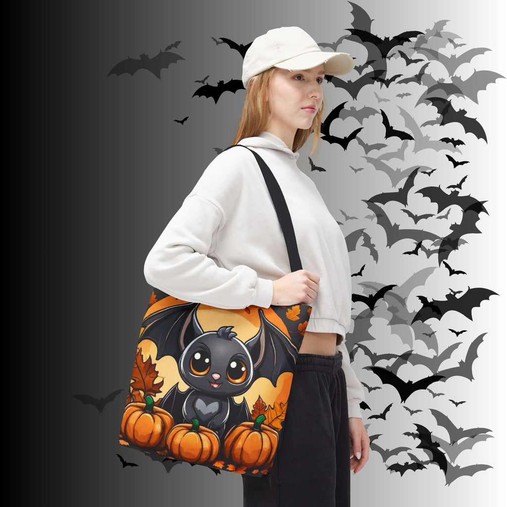 Kawaii Bat & Pumpkin Halloween Tote Bag — Autumn Full Moon Print