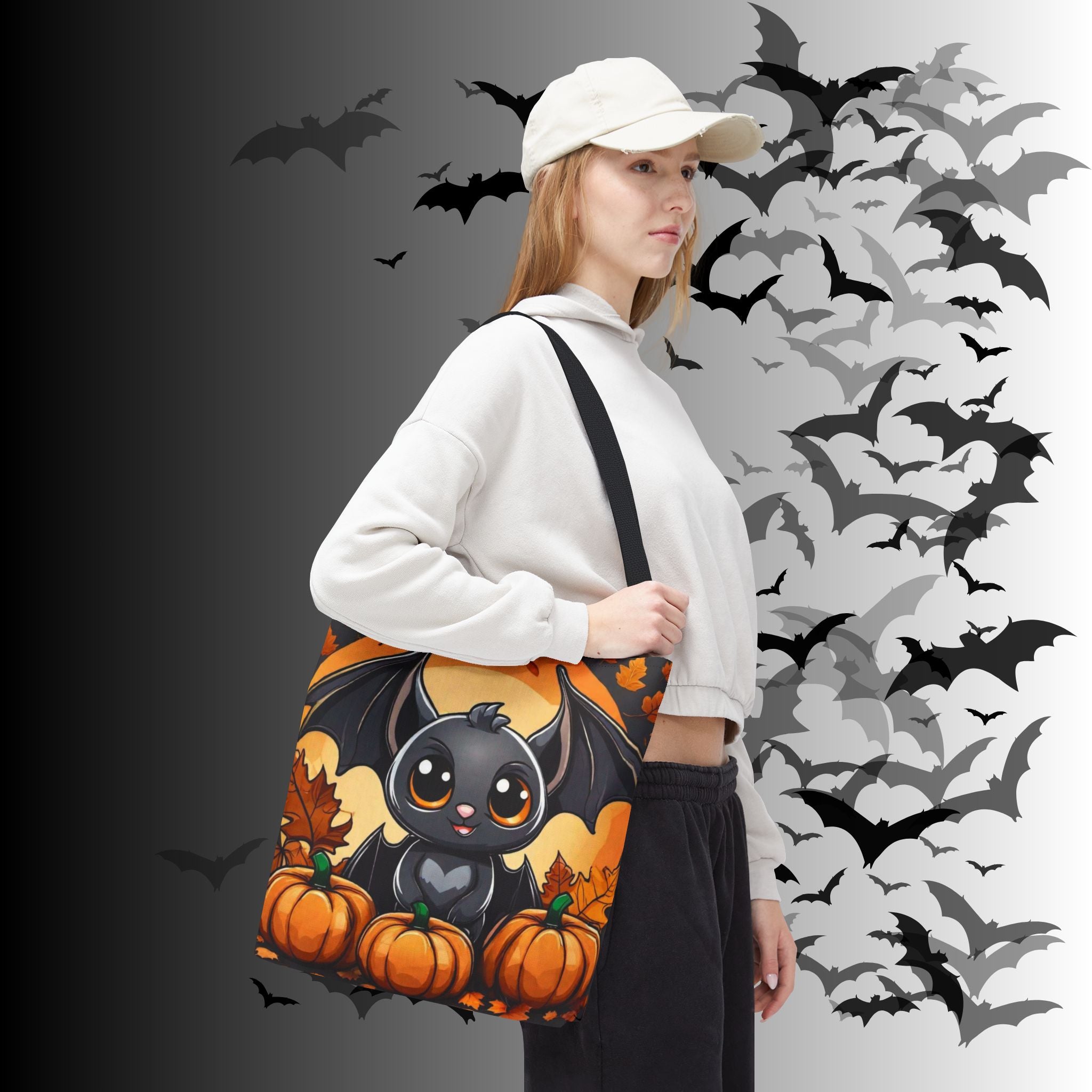 Kawaii Bat & Pumpkin Halloween Tote Bag — Autumn Full Moon Print