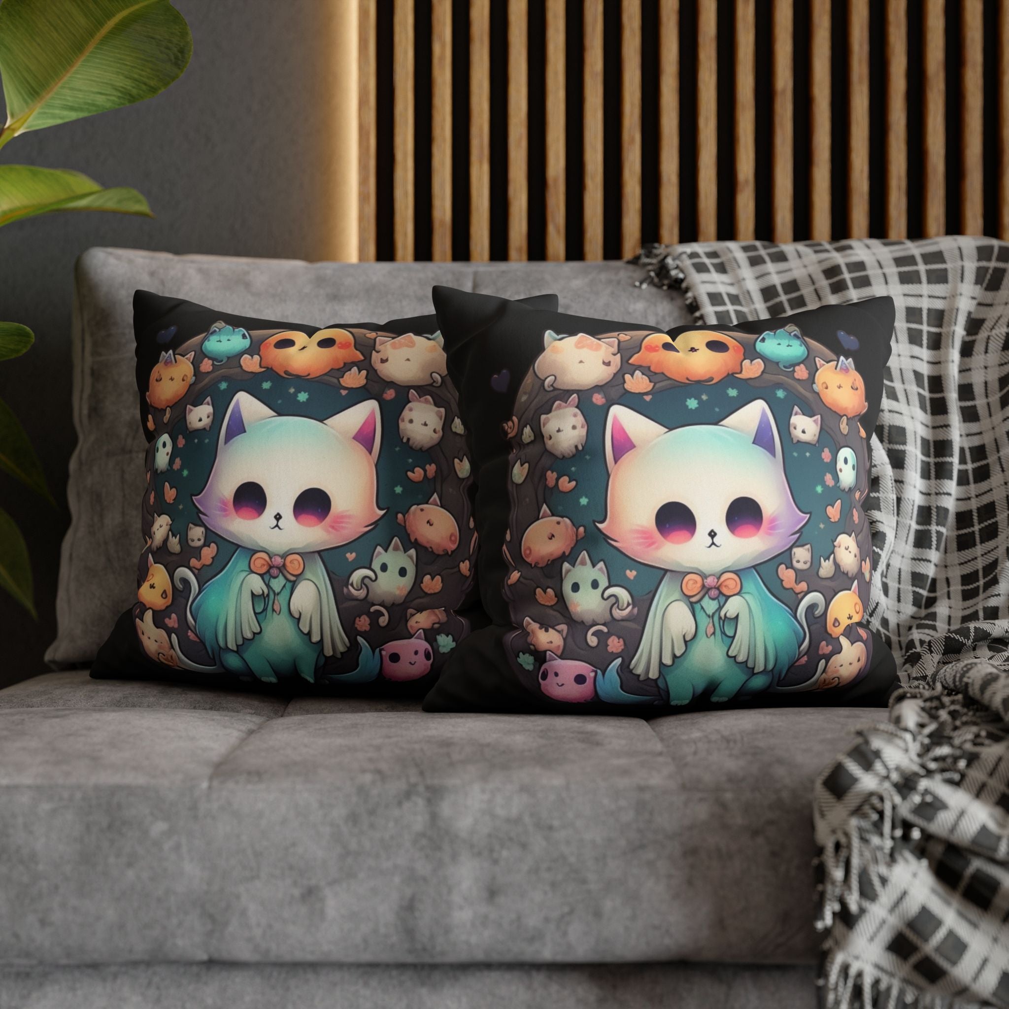 Creepy Cute Kawaii Ghost Cat Throw Pillow — Pastel Goth Dark Home Decor