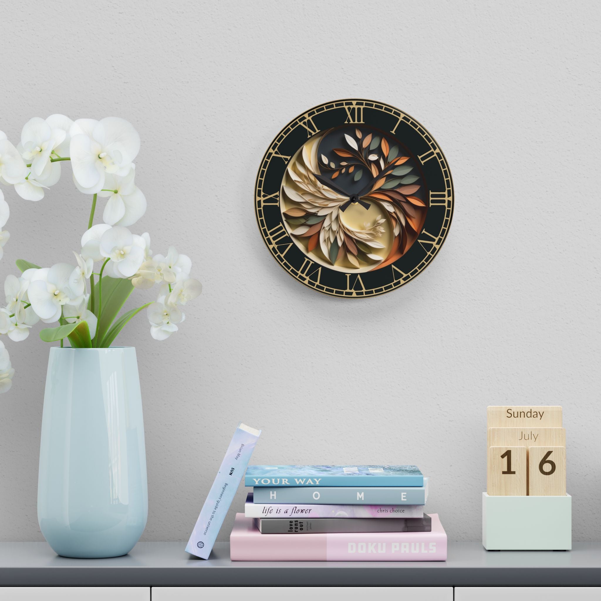 Origami Style Yin Yang Botanical Acrylic Art Print Wall Clock — NOT Real Origami, Zen Home Decor