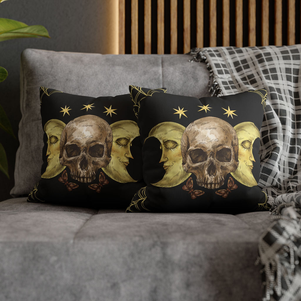 Gothic Moon Skull Throw Pillow — Celestial Dark Home Decor