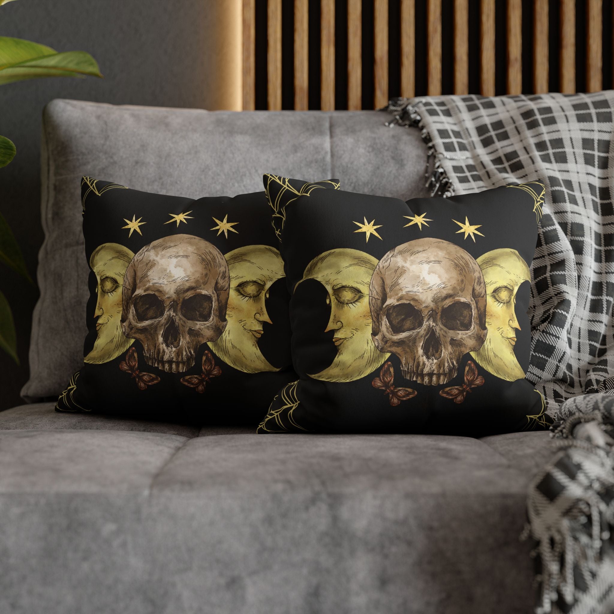 Gothic Moon Skull Throw Pillow — Celestial Dark Home Decor