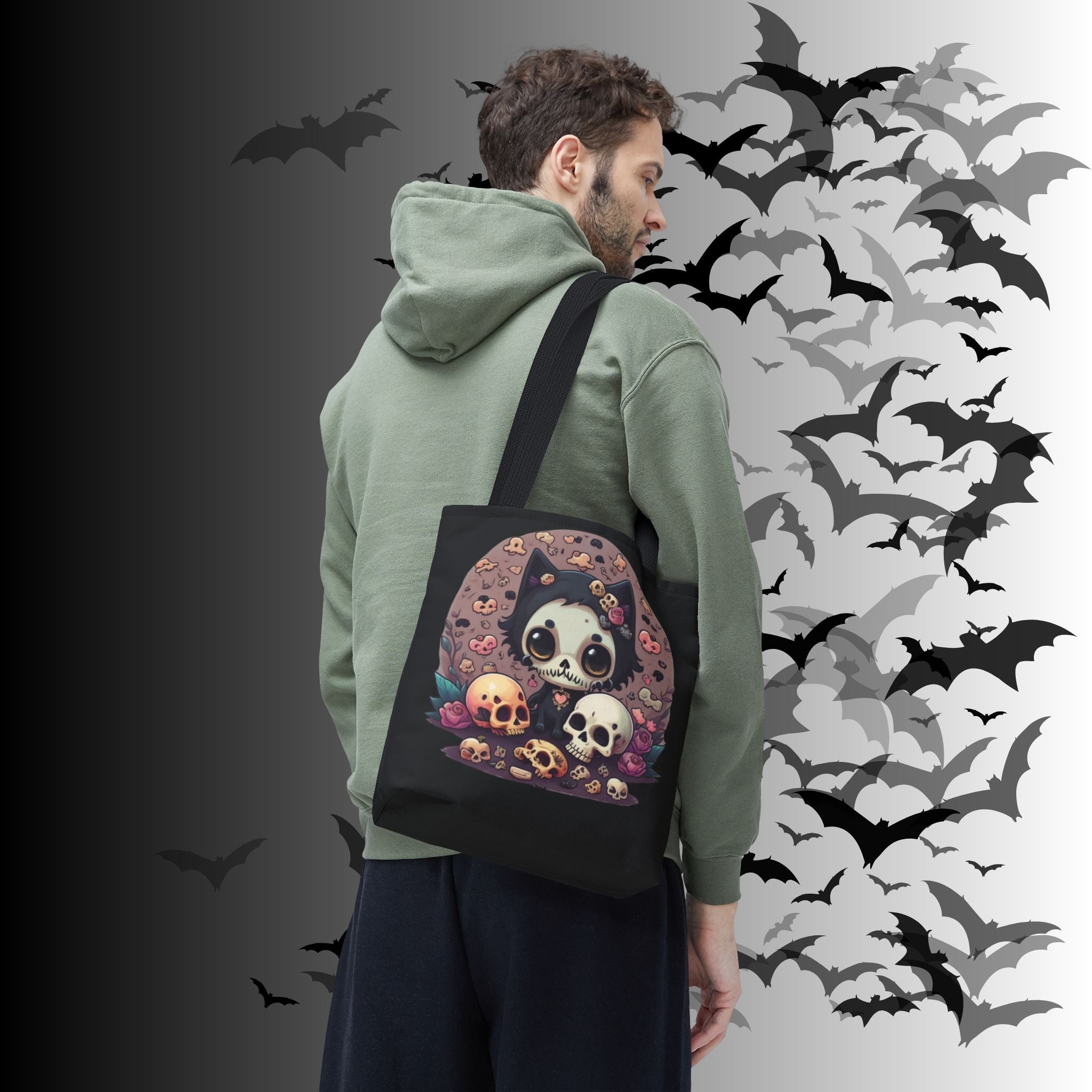Kawaii Skull Cat Tote Bag — Gothic Cute Skull Illustration