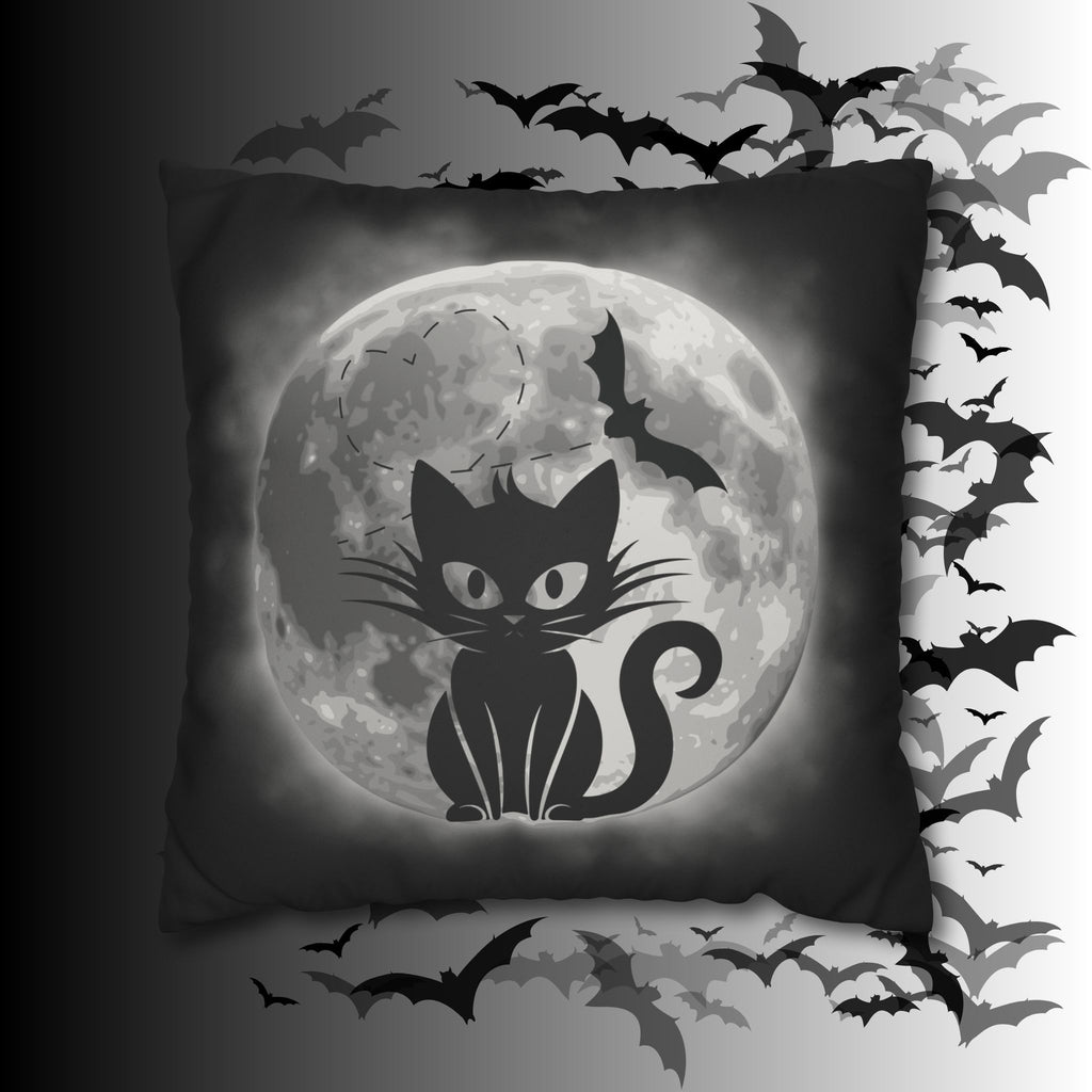 Gothic Black Cat Full Moon Throw Pillow — Bat Dark Home Decor