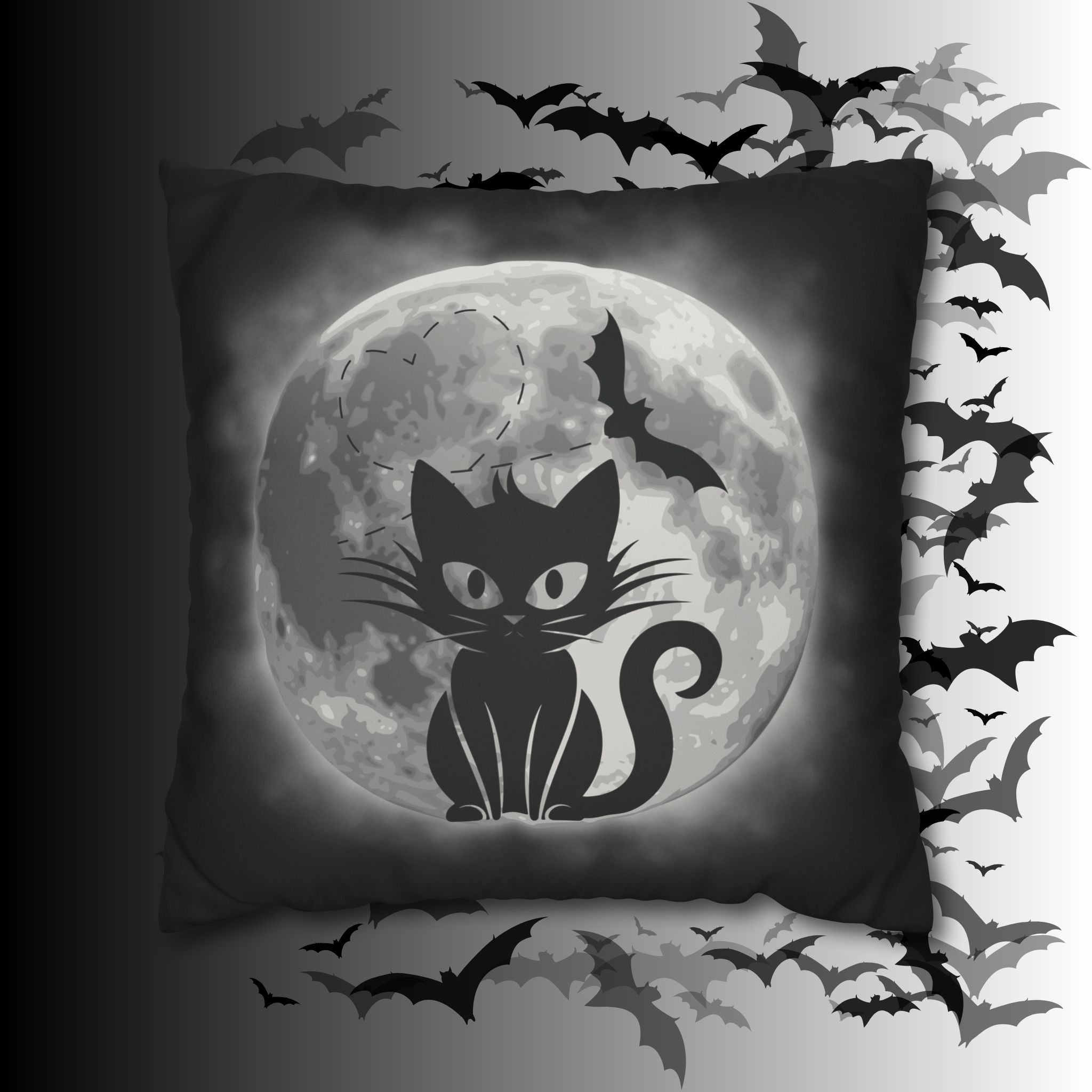 Gothic Black Cat Full Moon Throw Pillow — Bat Dark Home Decor