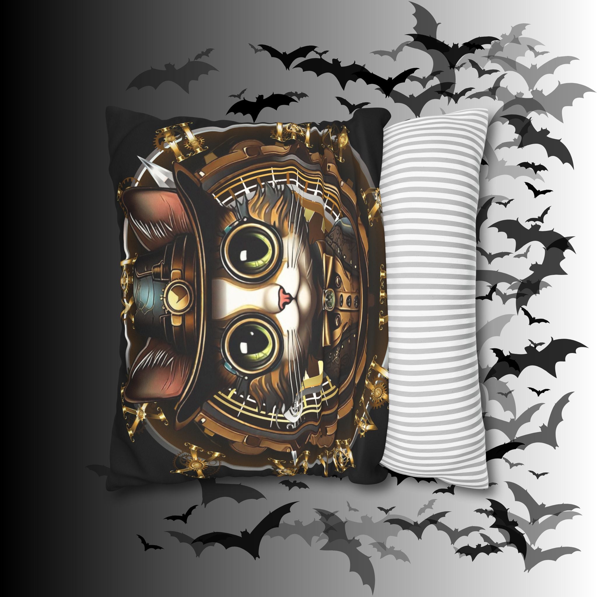 Steampunk Cat Throw Pillow — Vintage Industrial Gothic Home Decor