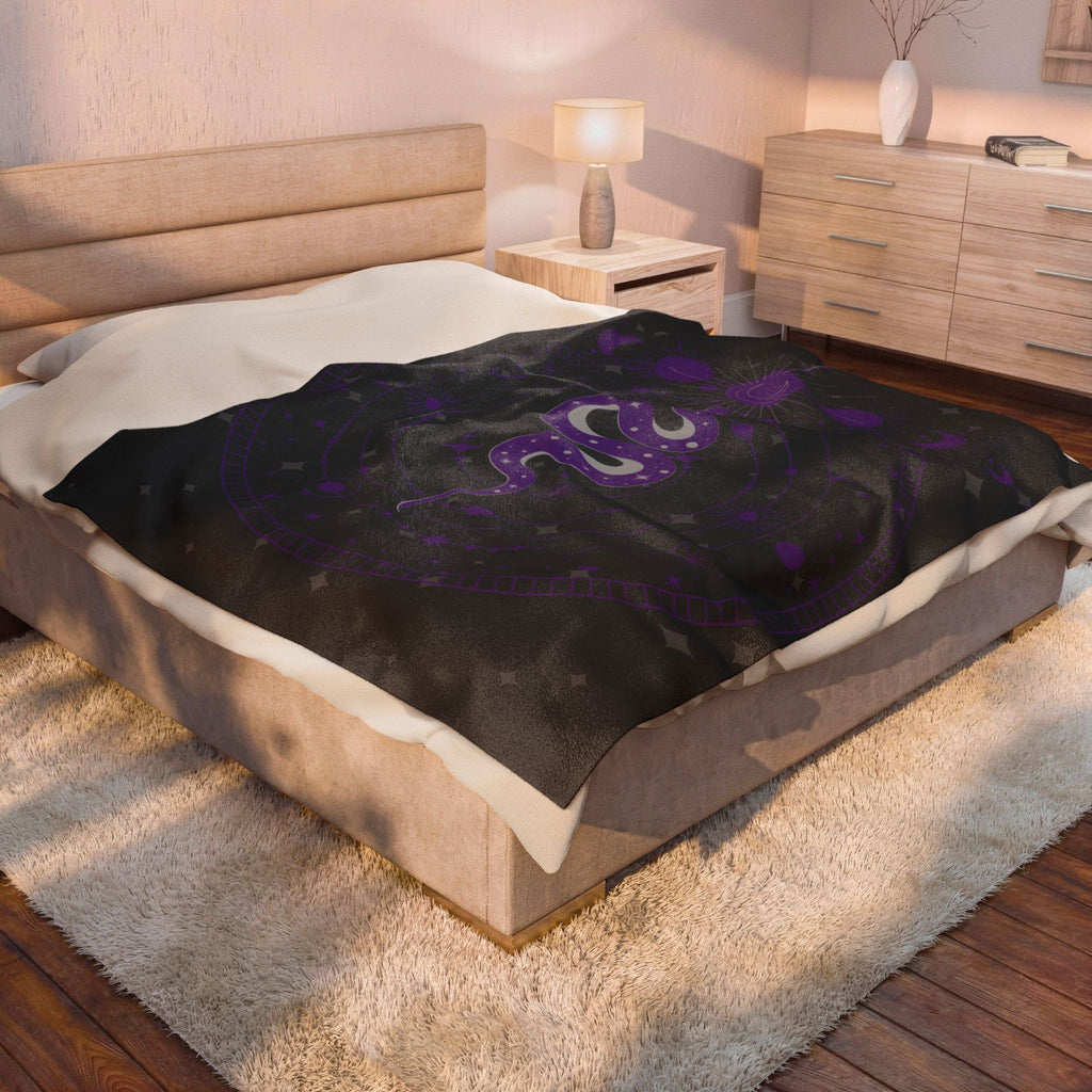 Gothic Celestial Snake Moon Phase Throw Blanket — Purple & Black Witchy Decor