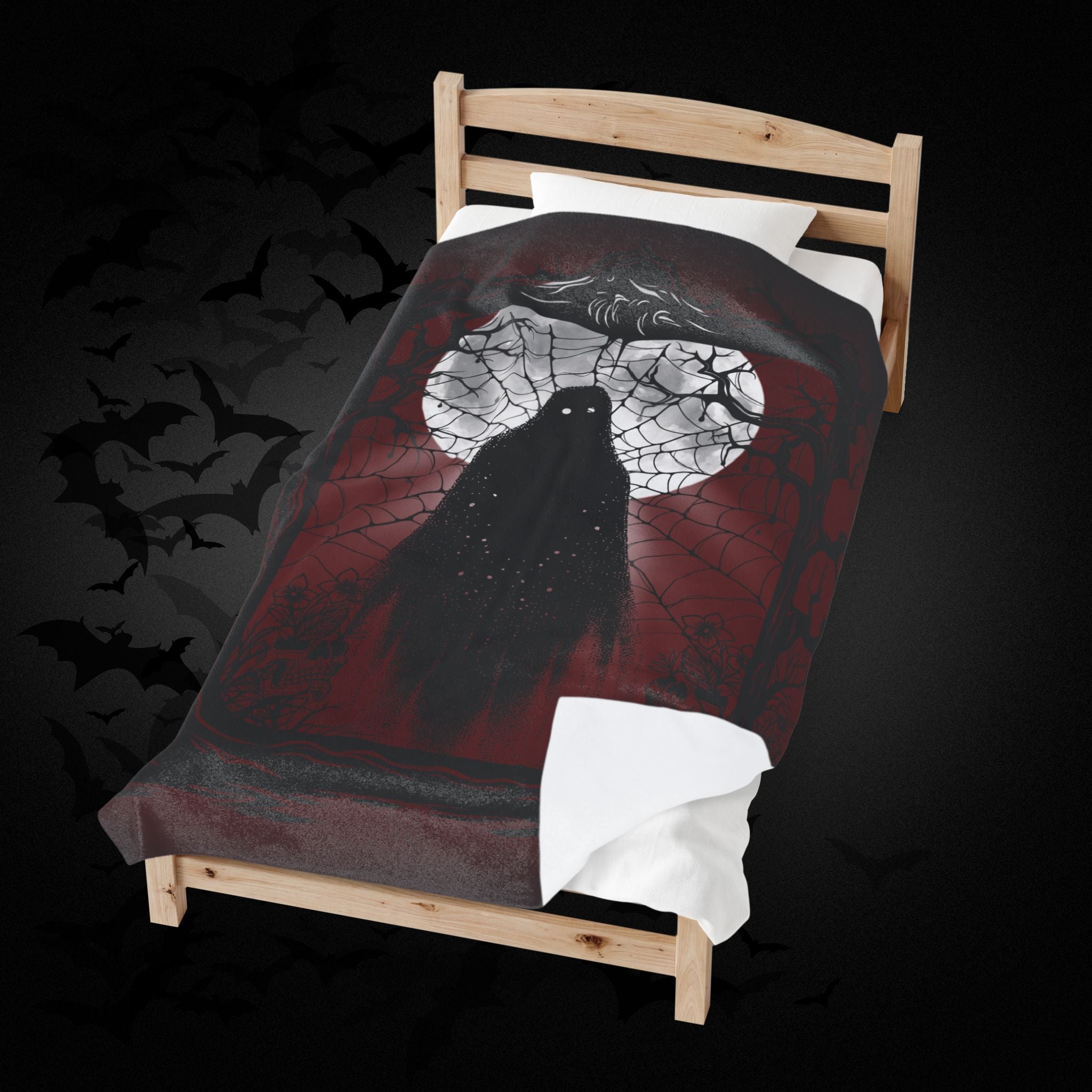 Gothic Ghost Spider Web Throw Blanket — Dark Halloween Home Decor