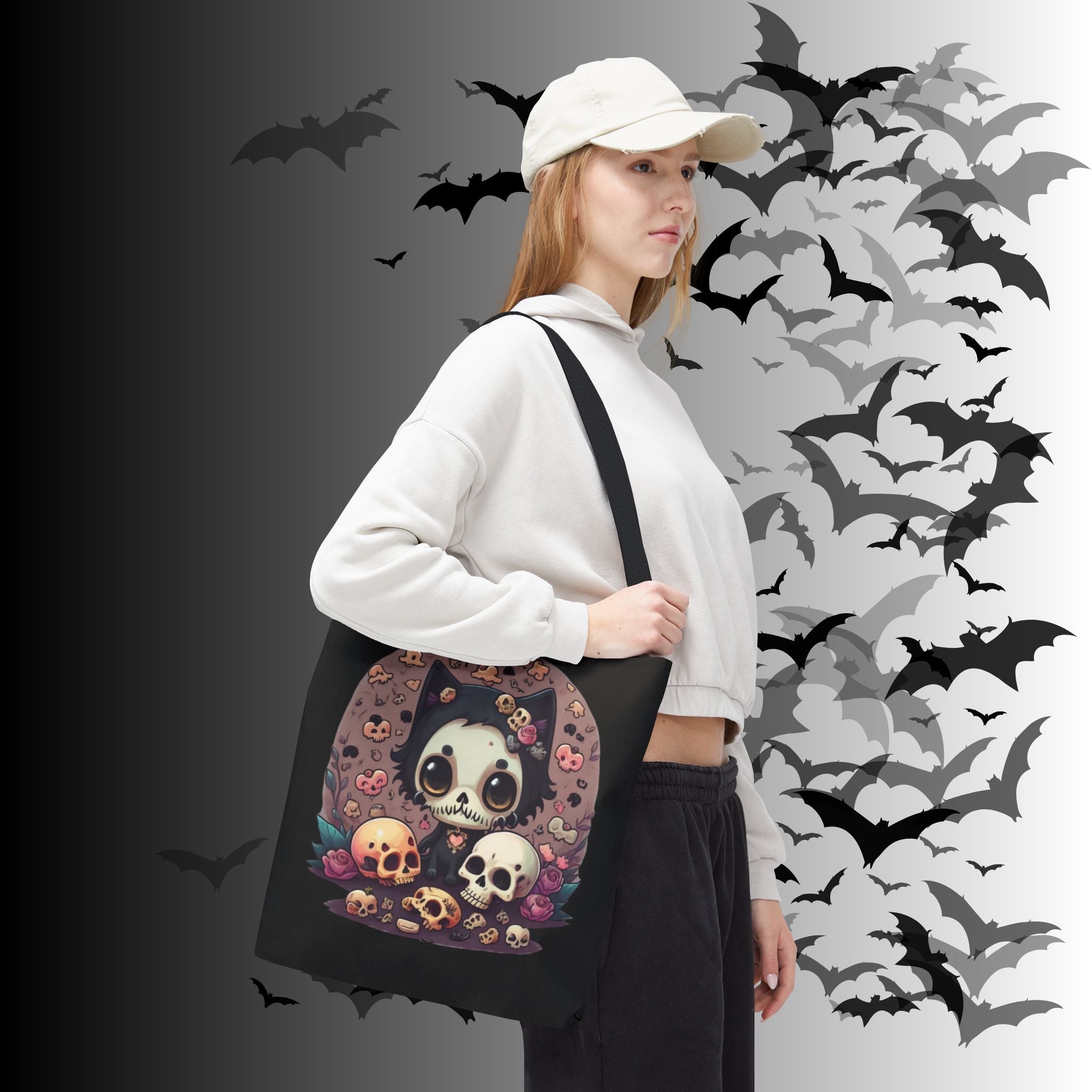 Kawaii Skull Cat Tote Bag — Gothic Cute Skull Illustration
