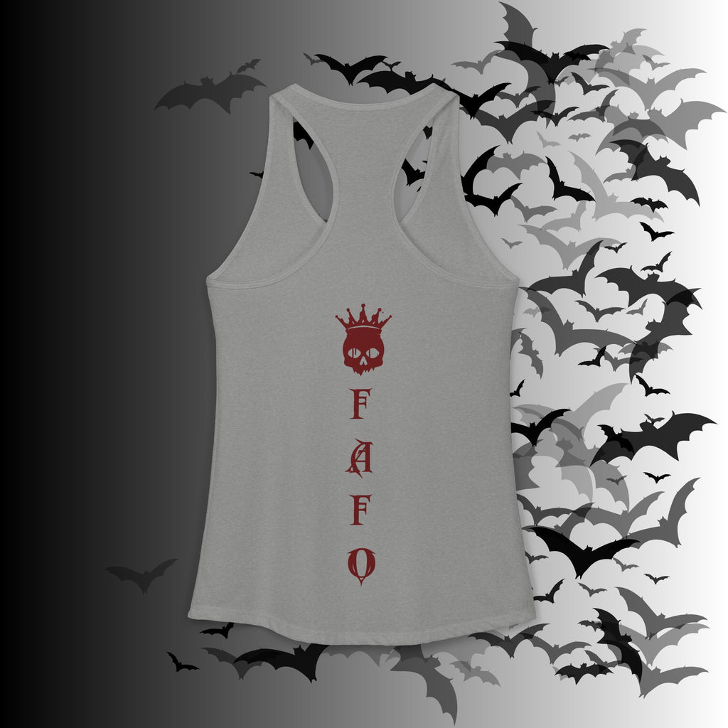 "FAFO" I Identify As A Threat Racerback Tank Top — White Print Front & Back