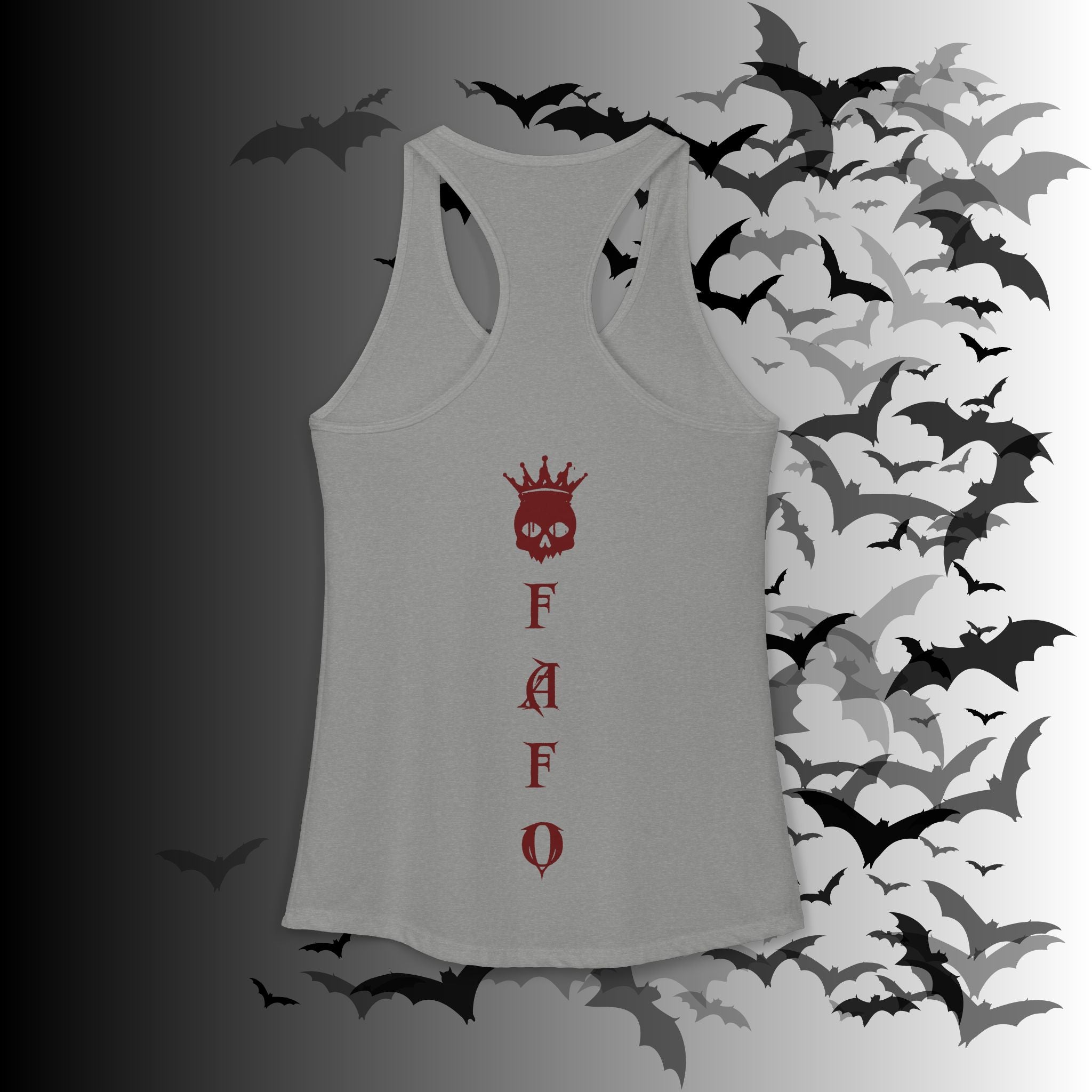 "FAFO" I Identify As A Threat Racerback Tank Top — White Print Front & Back