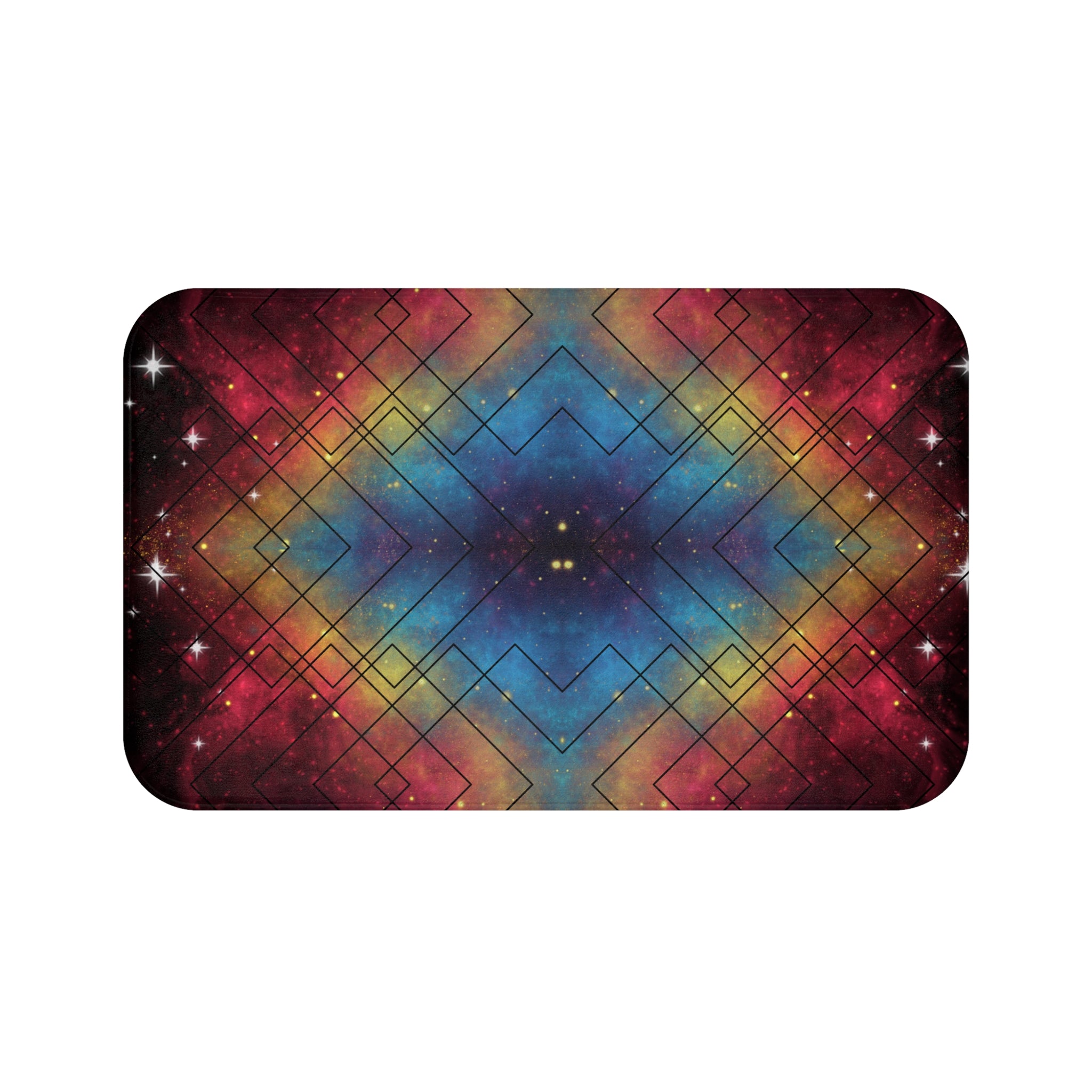 Rainbow Galaxy Geometric Bath Mat — Colorful Space Bathroom Decor