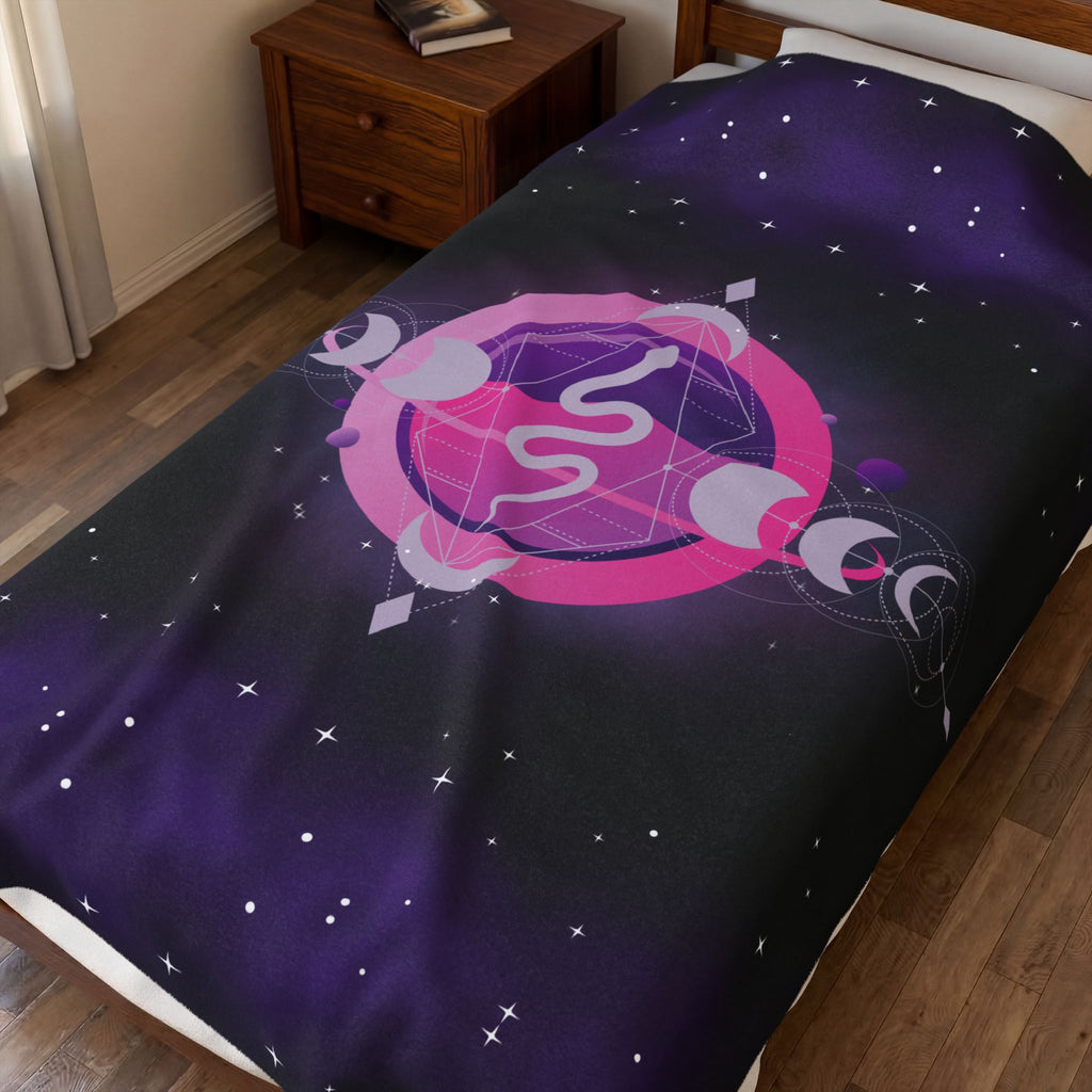 Pastel Goth Celestial Snake Moon Phase Throw Blanket — Pink & Purple Witchy Decor
