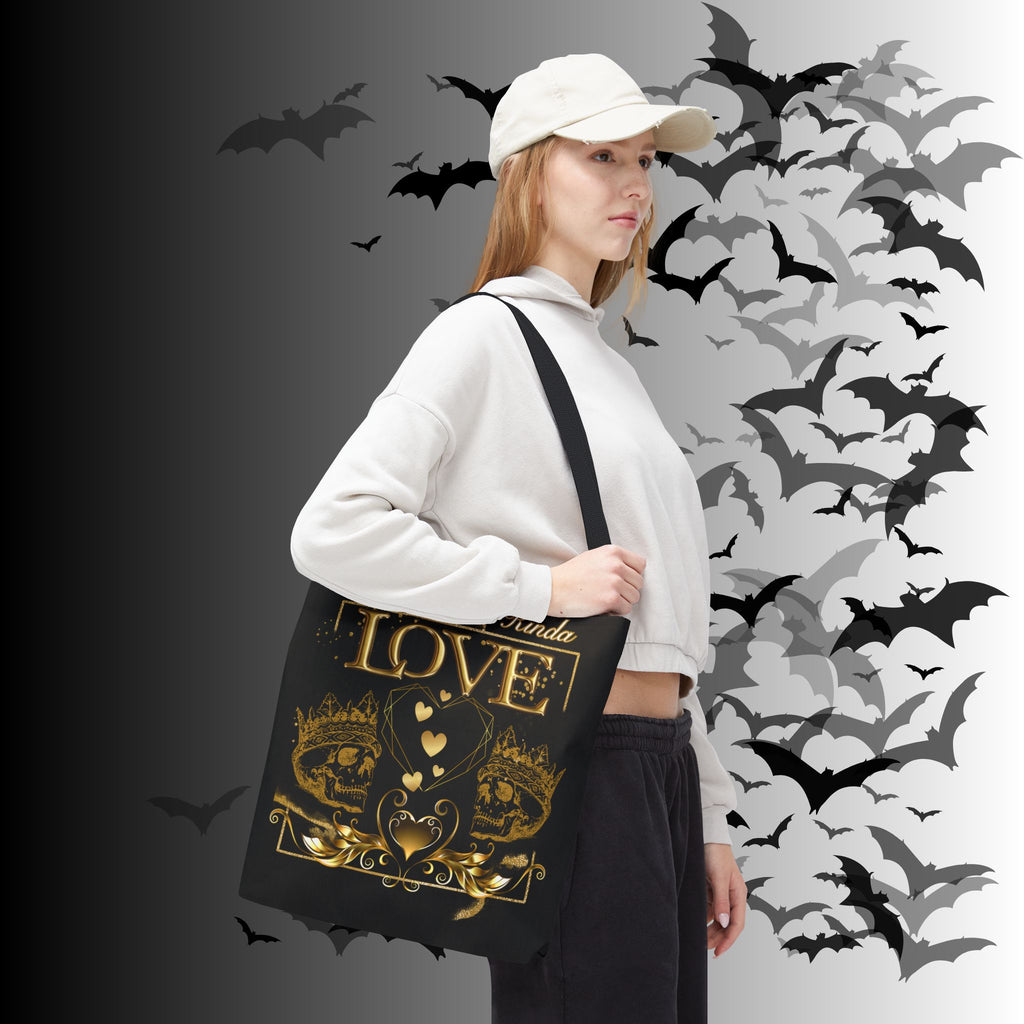 "That Forever Kinda Love" Gothic Skull Crown Tote Bag — Dark Romance Gold Print