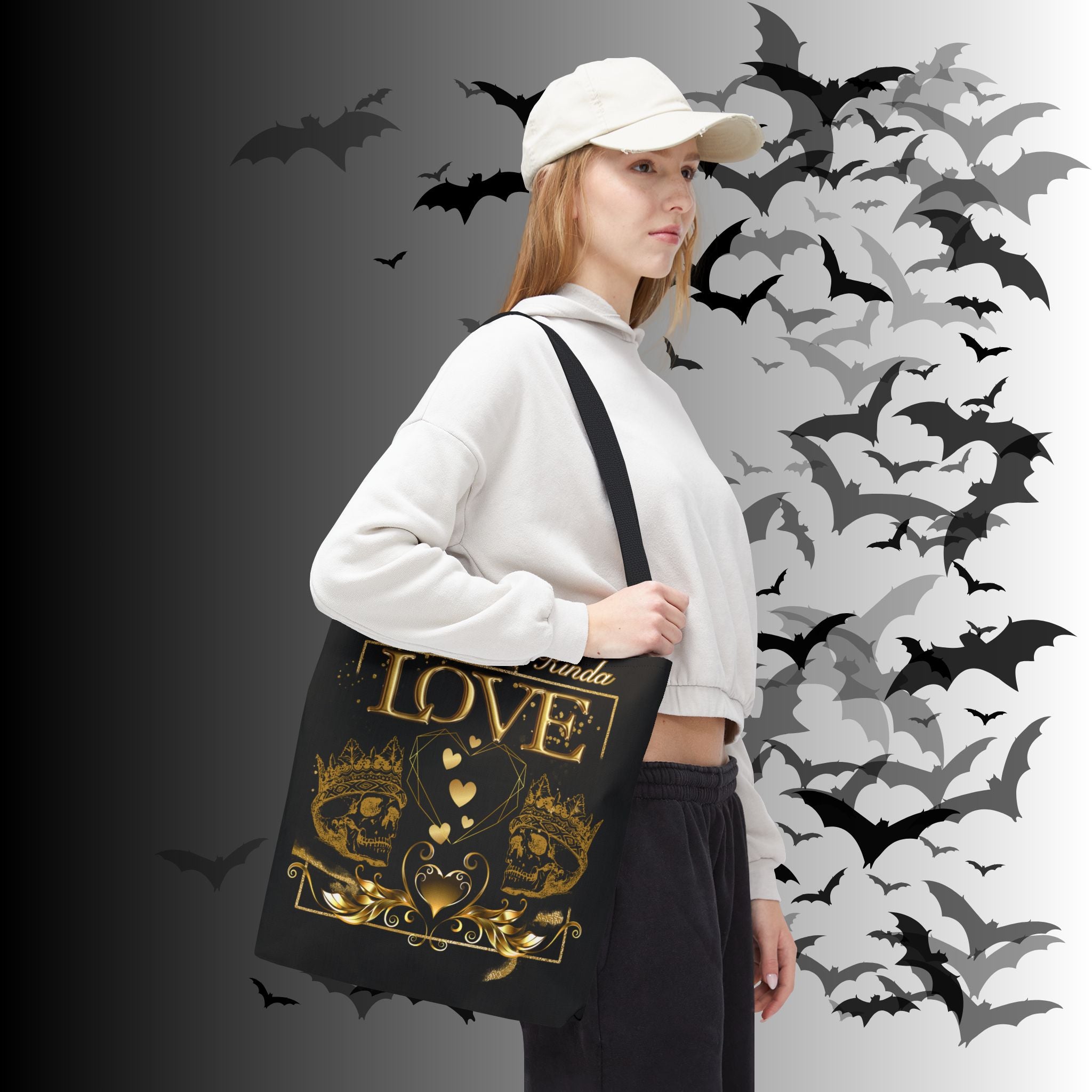 "That Forever Kinda Love" Gothic Skull Crown Tote Bag — Dark Romance Gold Print