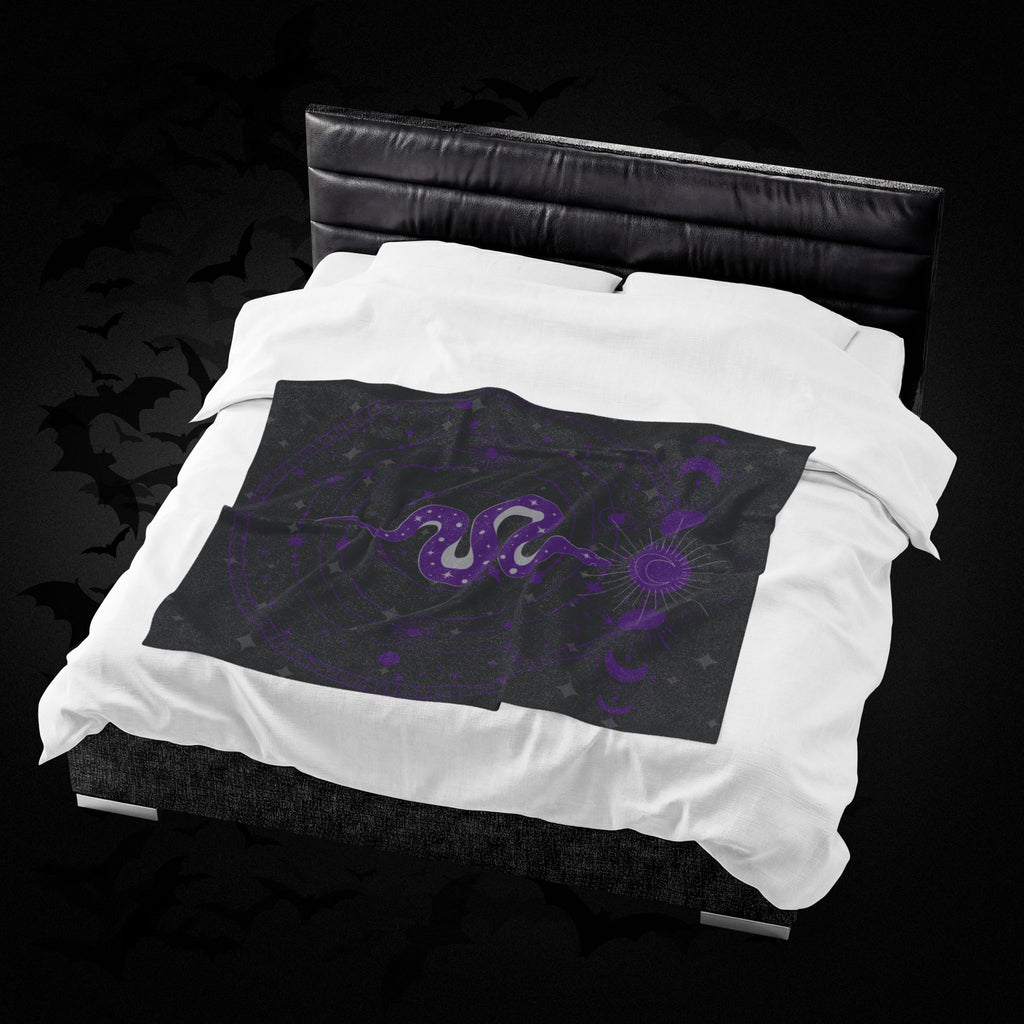 Gothic Celestial Snake Moon Phase Throw Blanket — Purple & Black Witchy Decor