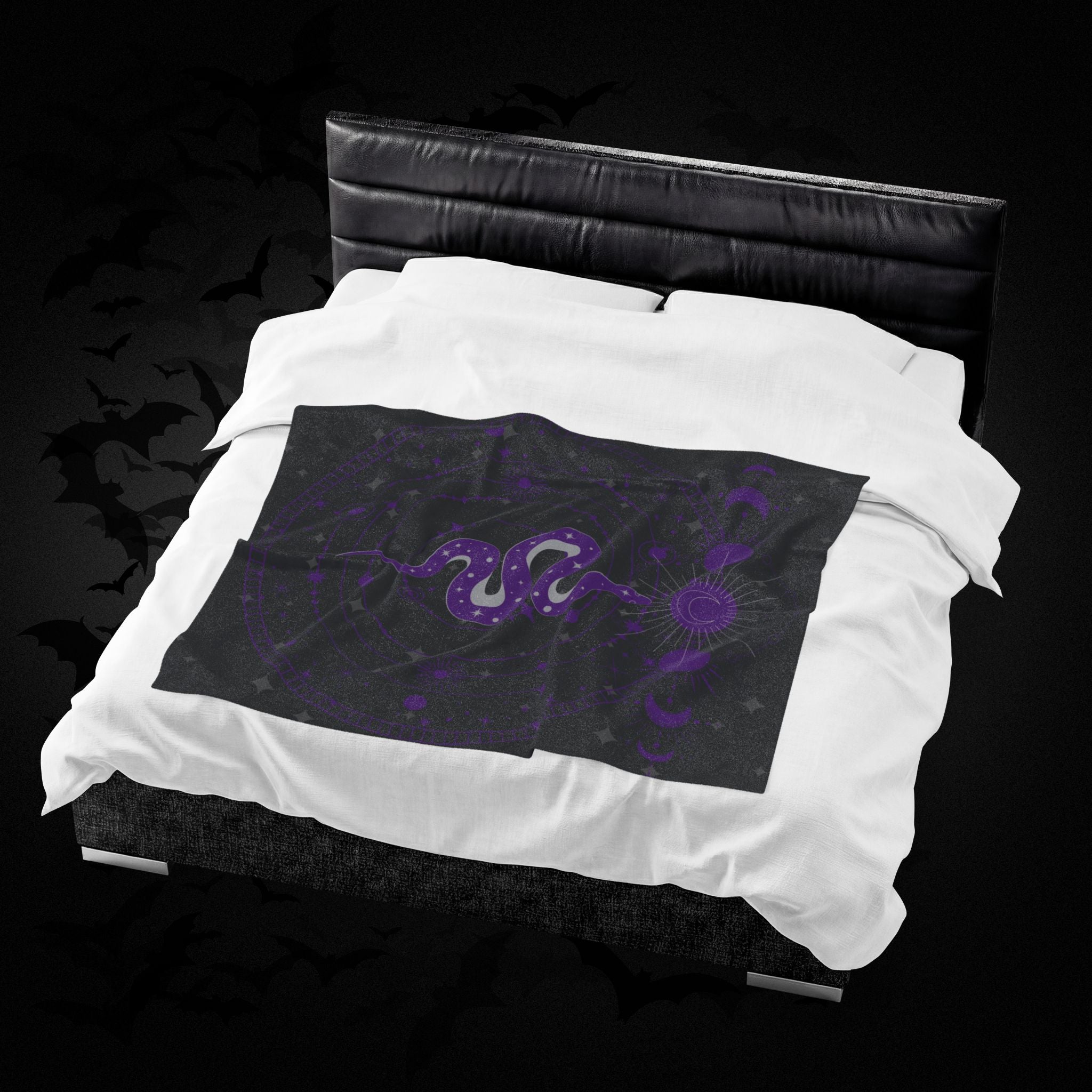 Gothic Celestial Snake Moon Phase Throw Blanket — Purple & Black Witchy Decor