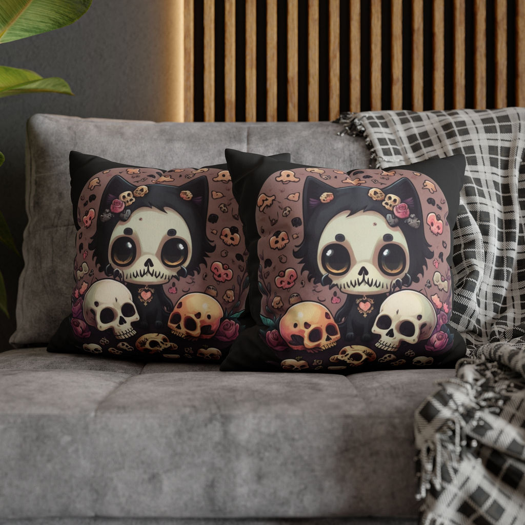 Gothic Skull Face Cat Throw Pillow — Creepy Cute Pastel Goth Home Decor